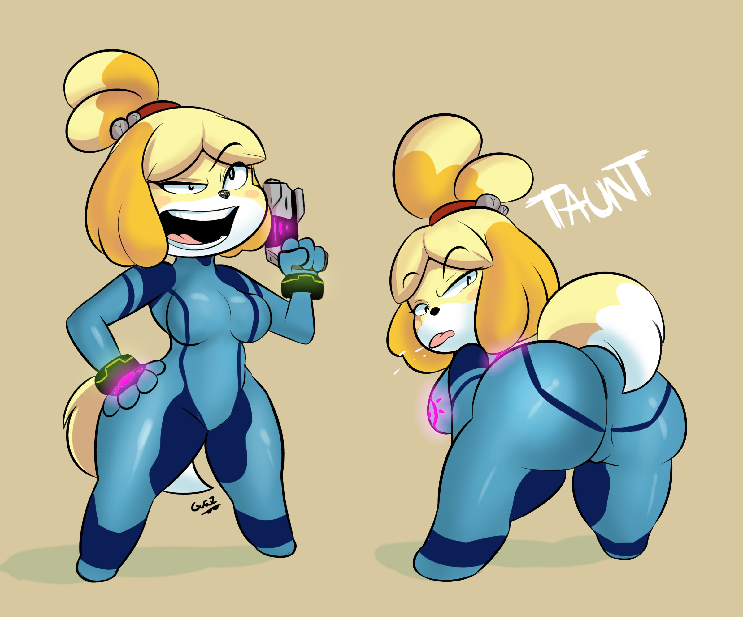 1girls, alternate breast size, alternate costume, animal crossing, anthro, ass, big ass, big butt, bodysuit, breasts, canid, canine, canis, clothed, clothing, cosplay, fat ass, female, fur, furry, furry only, gun, hi res, isabelle (animal crossing), looking back, medium breasts, metroid, multiple views, nintendo, samus aran (cosplay), scrabble007, shortstack, tail, text, thick thighs, tongue, tongue out, weapon, zero suit