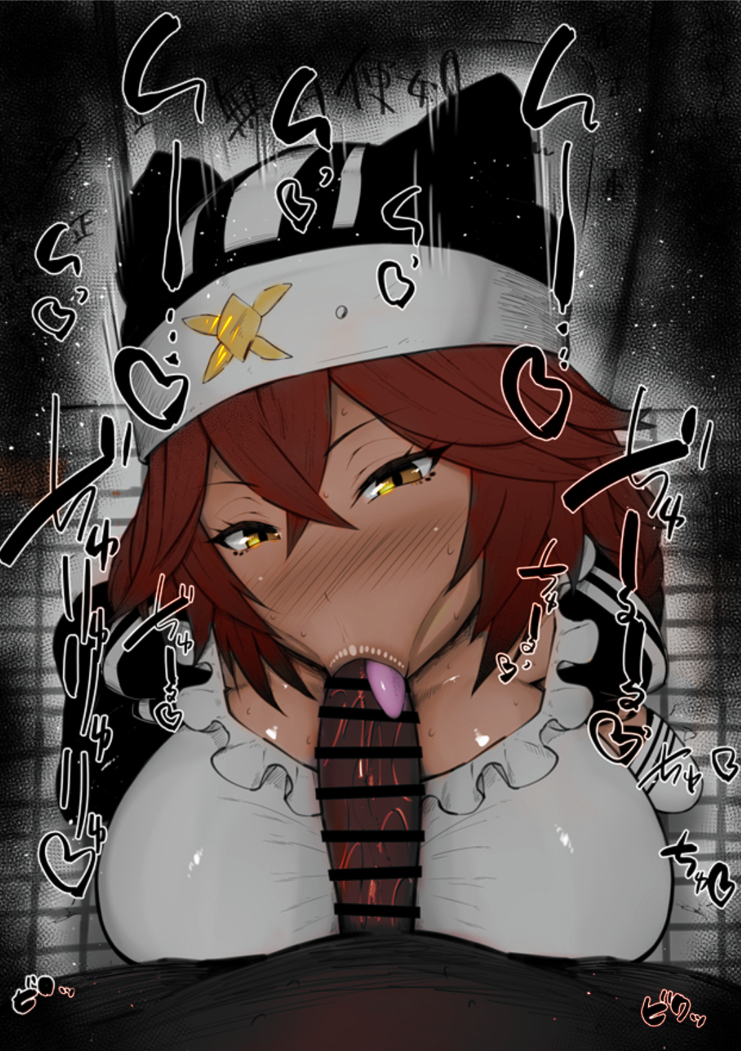 :>=, 1boy, 1girls, big penis, blowjob, blush, breasts, censored, color, colored, dark skin, dark-skinned female, dark-skinned male, detailed background, drooling, erect nipple, erect nipples, eyelashes, fellatio, female, hair ornament, heart, heart-shaped pupils, humanoid, indoor, inside, interspecies, japanese text, kurotama, long hair, looking at viewer, lupusregina beta, maid, maid uniform, male, male pov, nipples, oral, oral sex, overlord (maruyama), penis, red hair, room, saliva, sketch, small breasts, sound effects, squatting, sweat, text, tied hair, tongue, tongue out, vein, veins, veiny, veiny penis, wolf girl