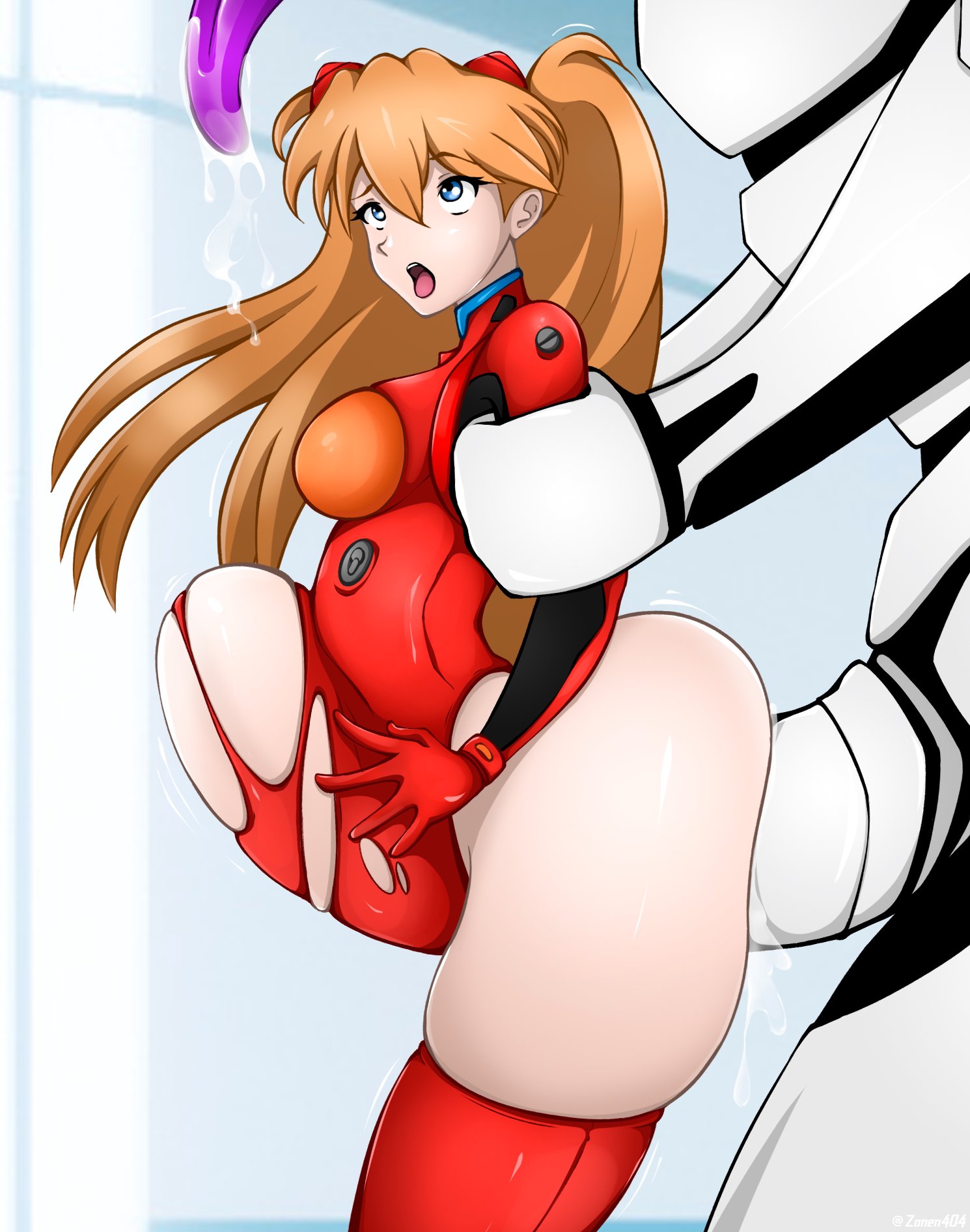 1boy, 1girls, asuka langley sohryu, big penis, blue eyes, bodysuit, breasts, curvy, deep penetration, female, fucked silly, huge cock, human penetrated, interspecies, larger male, light skin, light-skinned female, long hair, male, male on human, mass production eva, neon genesis evangelion, orange hair, penetration, penis, pilot suit, plugsuit, rough sex, saliva, sex, sex machine, size difference, standing, standing sex, stomach bulge, stomach deformation, the end of evangelion, thick thighs, thighs, twintails, wide hips, zonen404