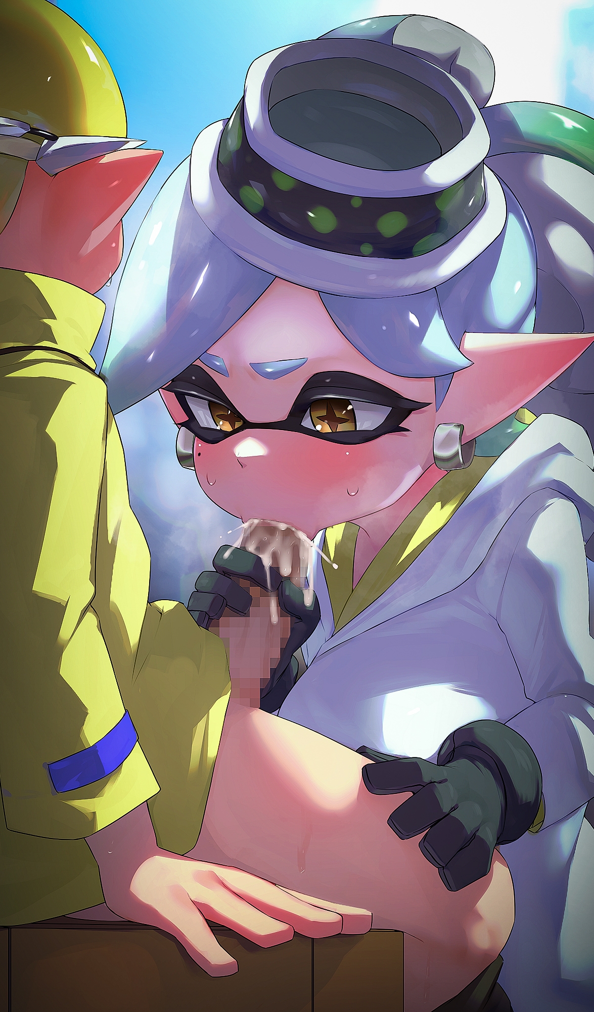 1boy, 1girls, agent 3 (splatoon 3), beauty mark, black gloves, blowjob, bottomless male, censored, censored penis, clothed, clothed female, cum, cum in mouth, cum on gloves, facial markings, fellatio, female, gloved handjob, gloves, hair ornament, handjob, hi res, hizake, inkling, inkling boy, inkling girl, kashu (hizake), large penis, light skin, light-skinned female, male, marie (alterna), marie (splatoon), mole under eye, mosaic censoring, new agent 3 (splatoon), nintendo, penis, pointy ears, splatoon, splatoon (series), splatoon 3, tentacle hair, tied hair, white hair, yellow eyes, yellow hair