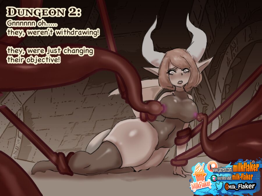 1girls, arm support, arm up, artist logo, artist name, bare hips, bare shoulders, black legwear, black leotard, breasts, brown eyes, brown theme, comic, covered navel, crossed legs, dot nose, dragon girl, dragon wings, dungeon, english text, female, horns, indoors, large breasts, light brown hair, looking down, medium hair, milk flaker, on side, open mouth, original, patreon logo, patreon username, pointy ears, shiny skin, sidelocks, subscribestar logo, subscribestar username, swept bangs, tail, teeth, tentacle, tentacle grab, thick eyebrows, thick eyelashes, thick lips, thick thighs, thigh boots, twitter logo, twitter username, uncensored, watermark, web address, wide hips, wings, worried