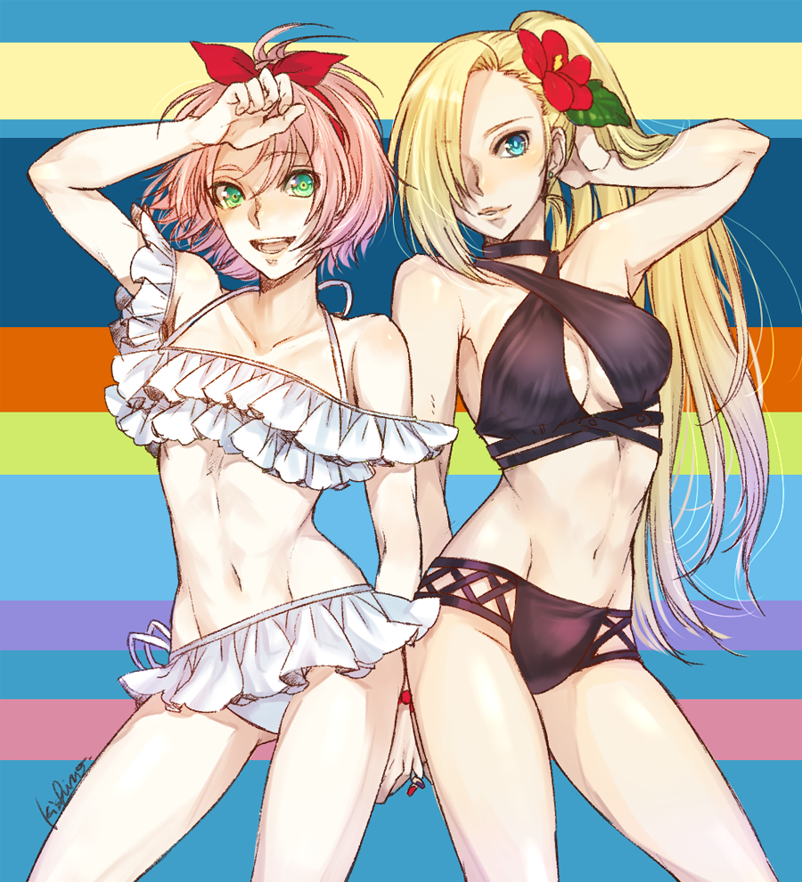 2girls, adjusting hair, bikini, blonde hair, blue eyes, bow, breasts, cleavage, earrings, female, female only, flower, frilled bikini, frills, green eyes, hair flower, hair ornament, hair over one eye, hairbow, ino yamanaka, jewelry, ksn (sleeping chick), looking at viewer, multiple females, multiple girls, naruto, naruto (series), naruto shippuden, navel, open mouth, parted lips, pink hair, ponytail, sakura haruno, smile, stomach, stud earrings, swimsuit
