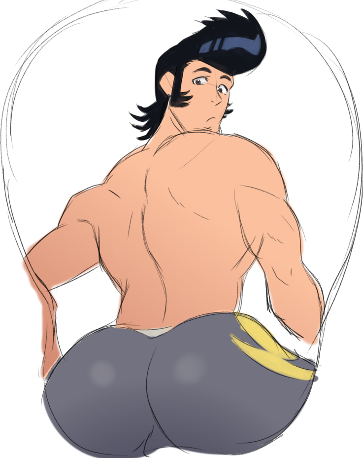 1boy aizenhower ass ass_focus back back_view bara big_ass big_butt black_hair bottomwear bottomwear_only boxers boxers_only bubble_ass bubble_butt dandy_(space_dandy) grey_boxers grey_underwear human light-skinned_male light_skin looking_back male male_focus male_only mousepad muscle muscles muscular muscular_male pompadour shirtless solo solo_focus solo_male space_dandy topless underwear underwear_only white_background