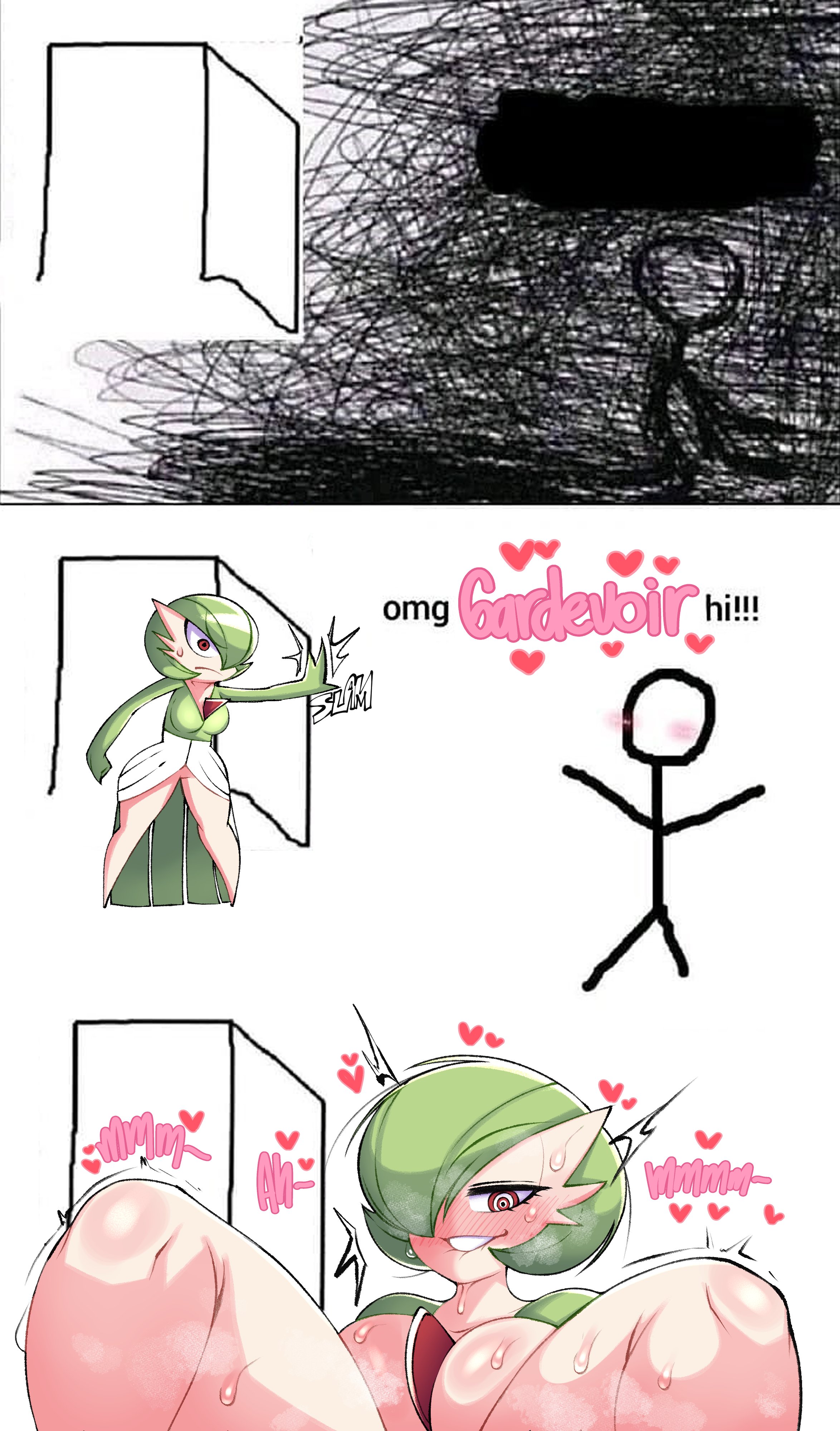 1boy, 1girls, 2d, big breasts, breasts, english text, female, female pokemon, game freak, gardevoir, human on pokemon, humanoid, implied sex, interspecies, male, meme, nintendo, omg hi!, pokémon (species), pokemon, pokemon (game), pokemon (species), pokemon rse, pokephilia, red eyes, saltyxodium, sex, stickman, sweat, sweatdrop, tagme, text, thick thighs, wide hips