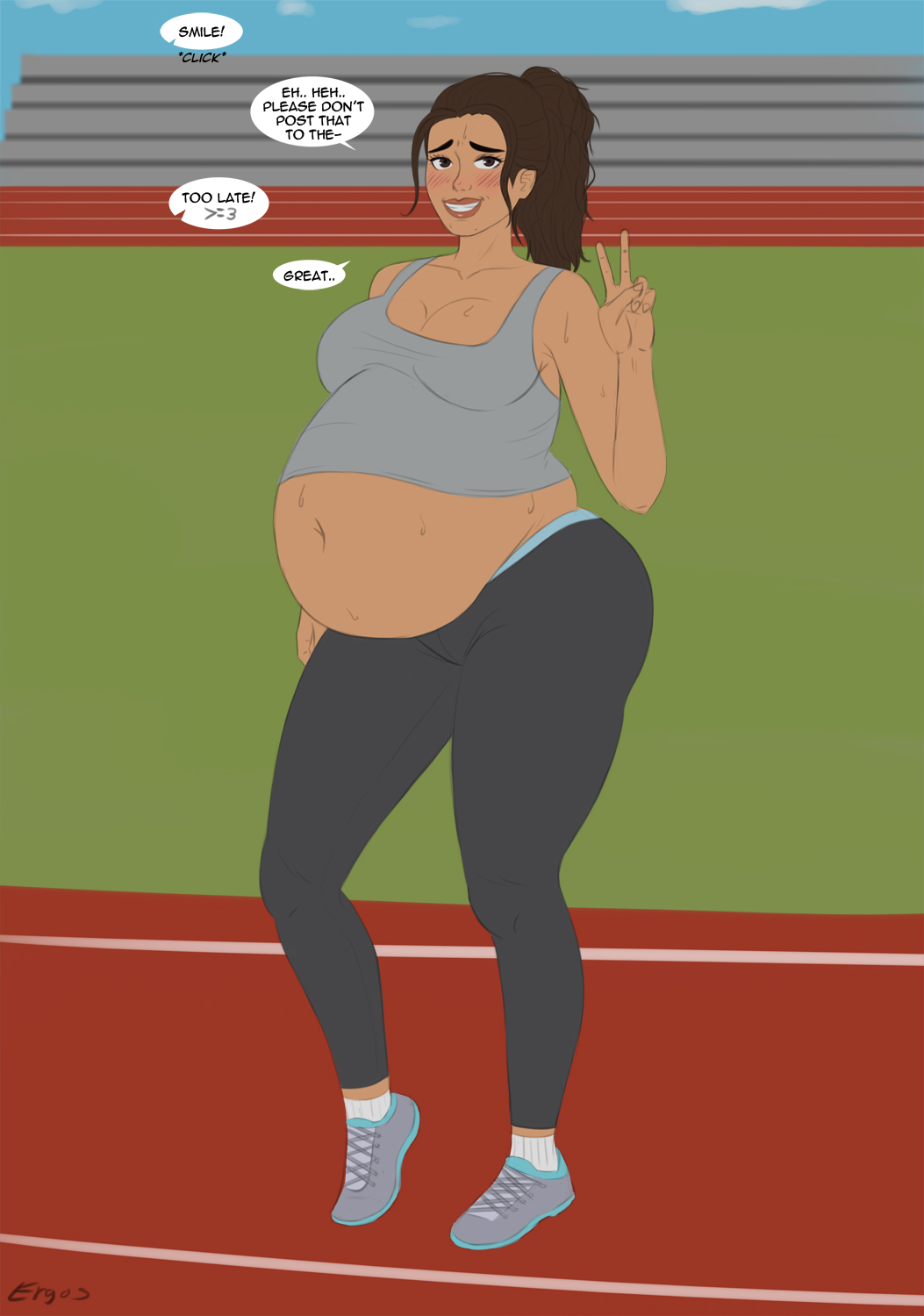 1girls belly big_belly big_breasts blush breasts chubby cleavage dark-skinned_female ergos fat female ponytail sweat text