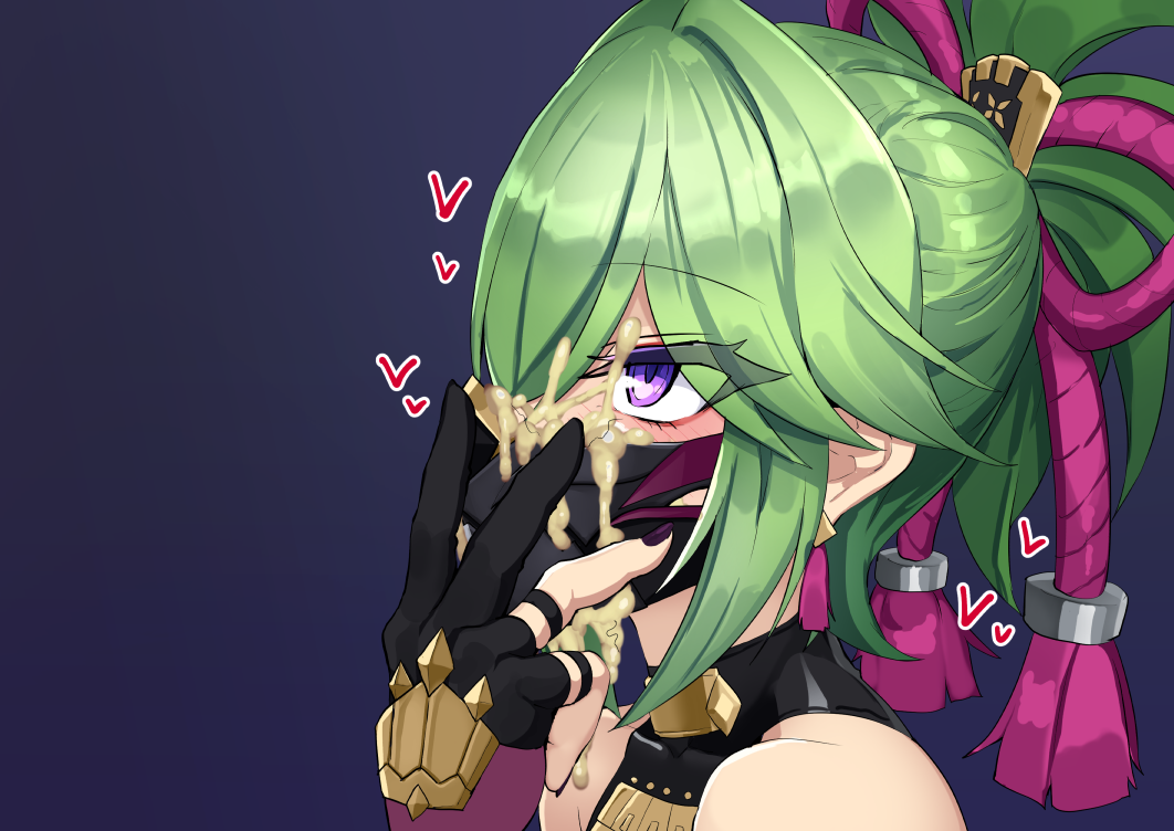 1girls, blush, cum, cum drip, cum in mask, cum in mouth, cum inside, cum on face, cum under clothes, cum wearing, cum wearing (mask), female, genshin impact, green hair, heart, kuki shinobu, mask, ninopal, pubes, pubic hair, purple eyes