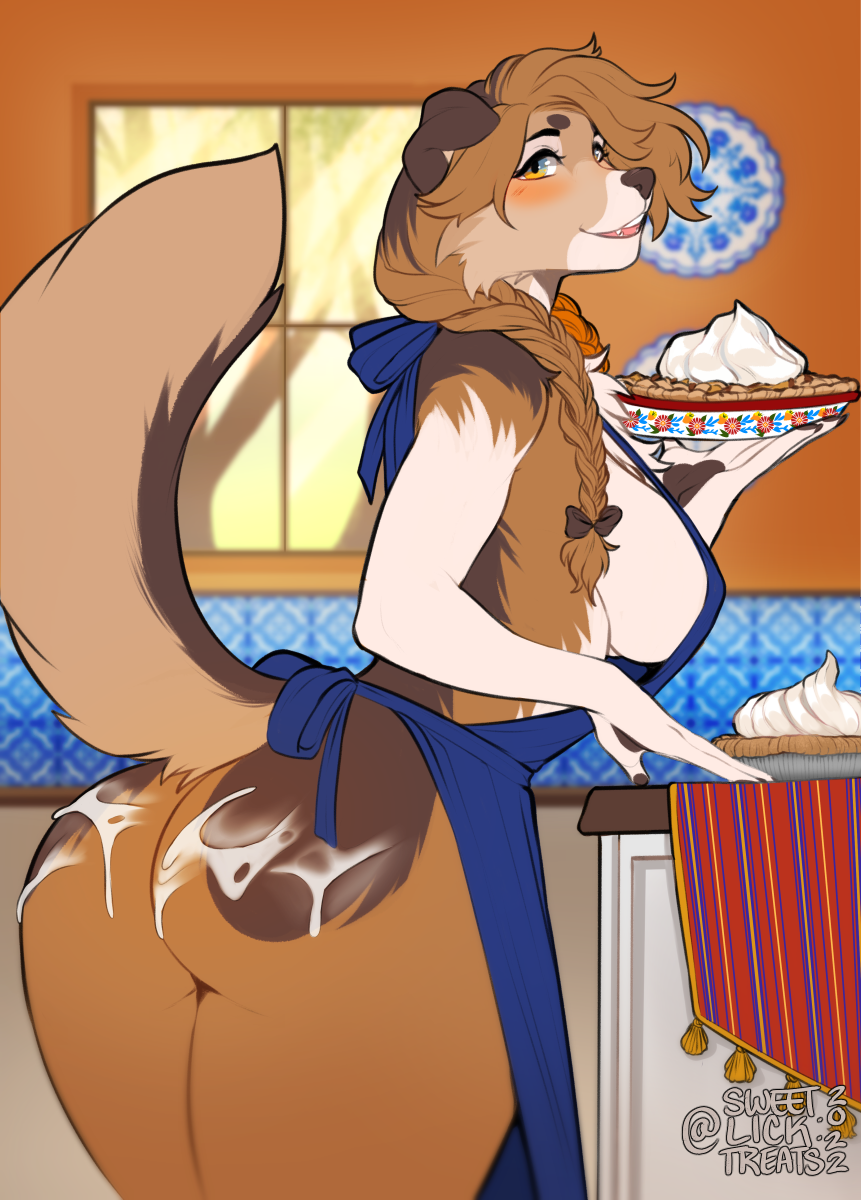 1girls, 2022, anthro, apron, artist name, ass, big ass, big butt, blush, bodily fluids, braided hair, breasts, brown body, brown eyes, brown fur, brown hair, brown nose, canid, canine, canis, clothing, collie, colored, cum, cum on ass, cum on butt, cute fangs, dessert, digital media (artwork), dog ears, dog girl, dog tail, domestic dog, female, food, fur, furry, furry female, genital fluids, hair, herding dog, hi res, holding food, holding object, inside, kimmie conover, leaning, leaning forward, looking back, low-angle view, mammal, mostly nude, multicolored body, multicolored fur, multicolored hair, open mouth, pastoral dog, pie, portrait, raised tail, sheepdog, side boob, smile, solo, standing, sweetburn, tan body, tan fur, three-quarter portrait, two-tone hair, window