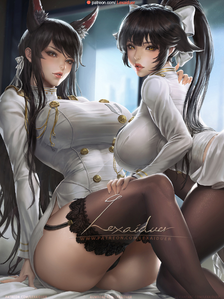 2girls, atago (azur lane), azur lane, bed, big breasts, black hair, blush, breasts, brown eyes, female, female only, garter belt, katana, lexaiduer, long hair, multiple females, multiple girls, navel, nipples, takao (azur lane)