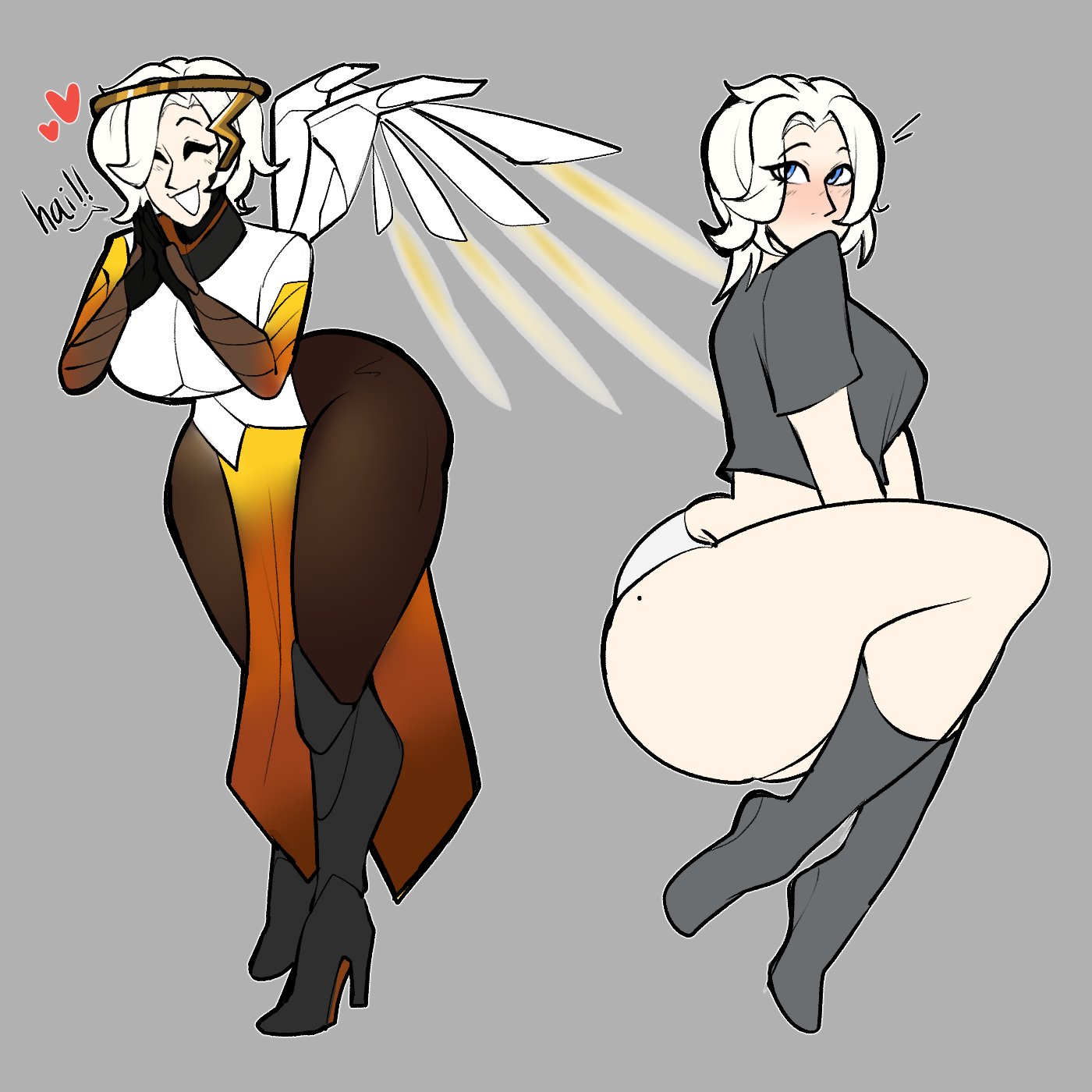 1girls, ass, blue eyes, bluueygooey, breasts, closed eyes, curvy, english text, female, female only, high heel boots, high heels, huge ass, huge thighs, large breasts, mercy, overwatch, pelvic curtain, short hair, smile, solo, text, thick thighs, thunder thighs, voluptuous, wide hips
