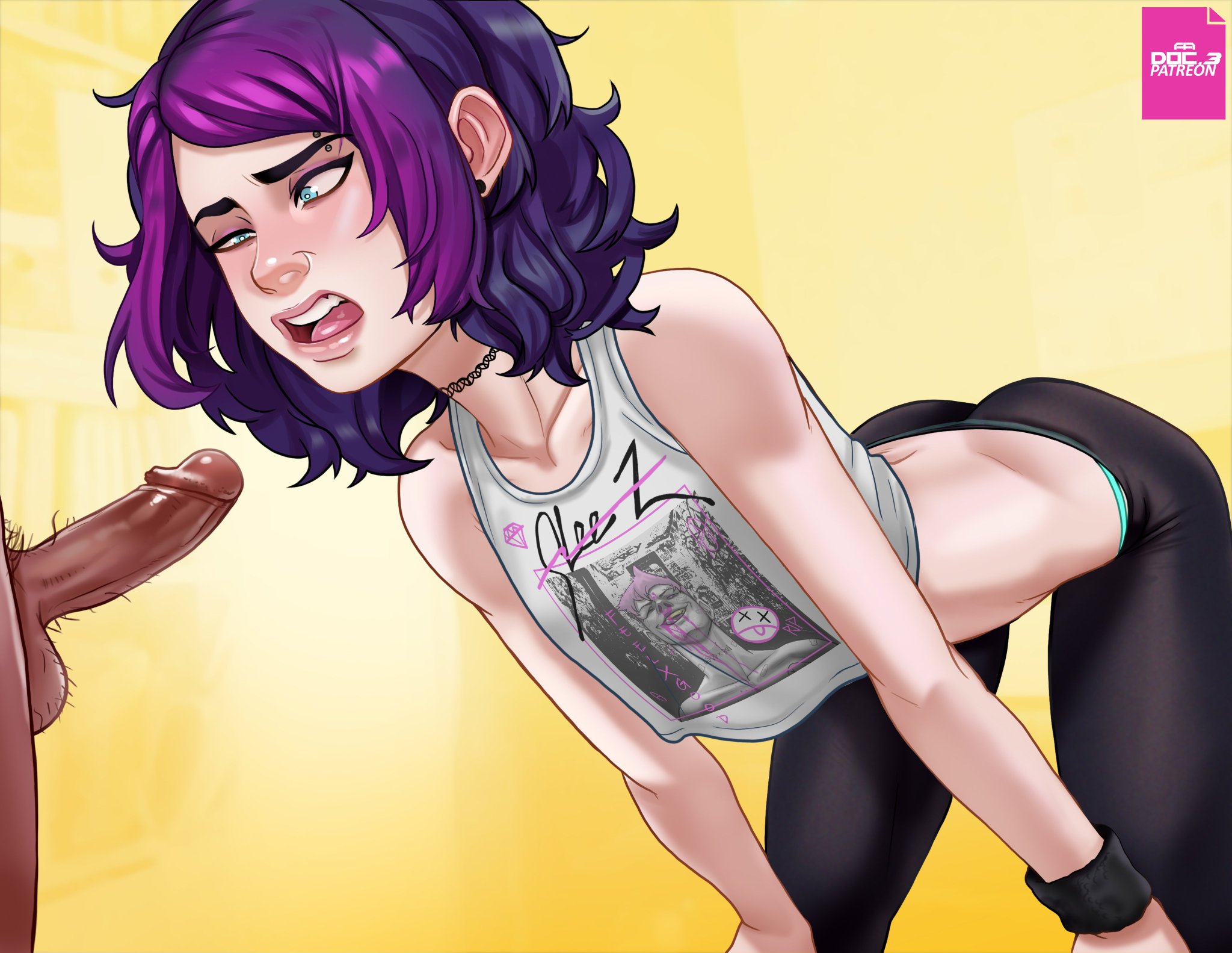 1boy, 1boy1girl, 1girl, 1girl1boy, andava, andavaverse, blue eyes, choker, dark skin, dark-skinned male, disgusted, female, gradient hair, hairy penis, imminent fellatio, male, partial male, pelo, penis, purple hair, small penis, tank top, yoga pants
