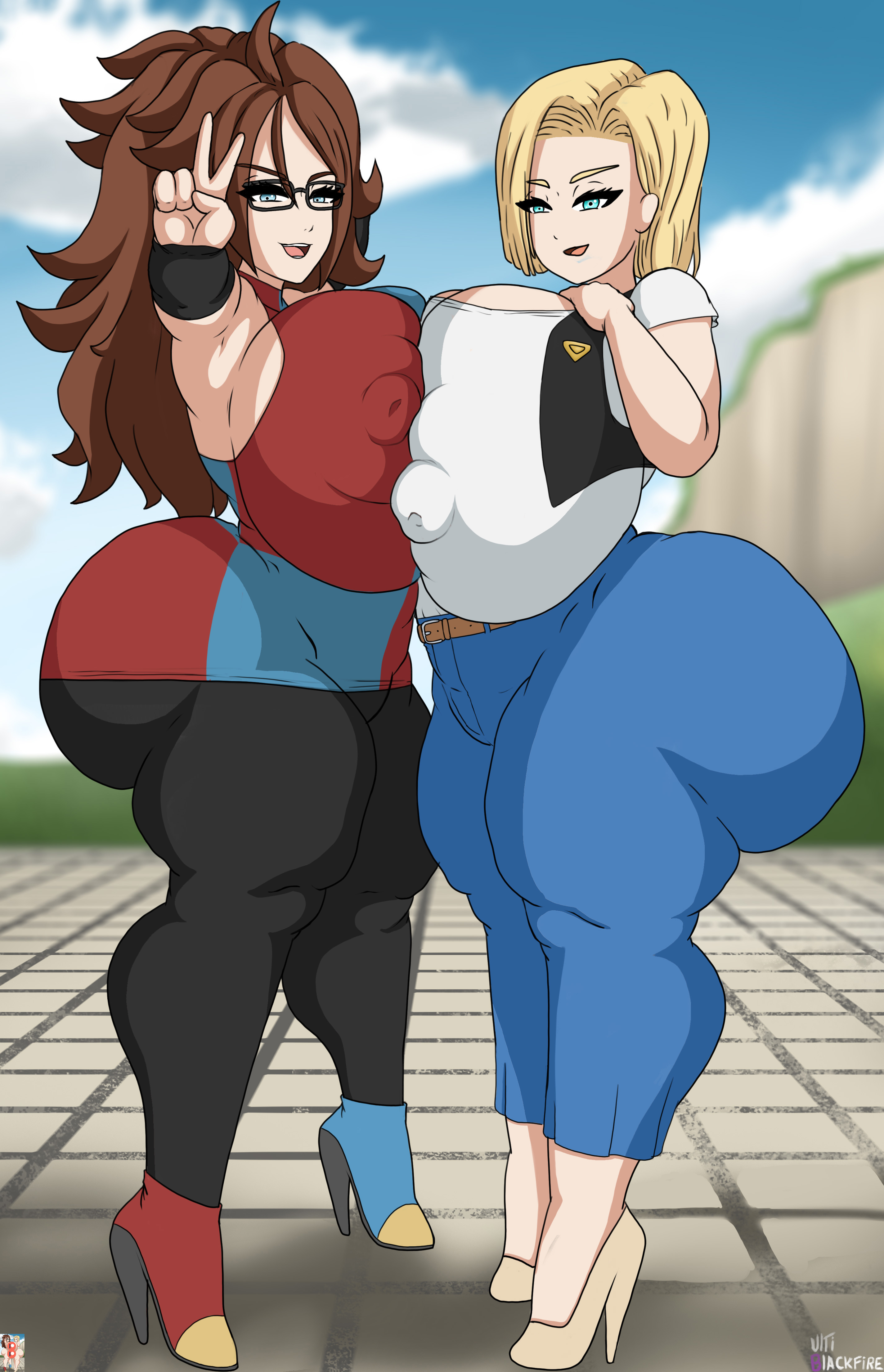 2girls, android 18, android 21, ass, big ass, big breasts, breasts, bubble ass, bubble butt, curvaceous, curvy, dragon ball, dragon ball fighterz, dragon ball z, female, female only, high heel boots, high heels, huge ass, huge breasts, huge butt, multiple females, multiple girls, thick ass, ultiblackfire