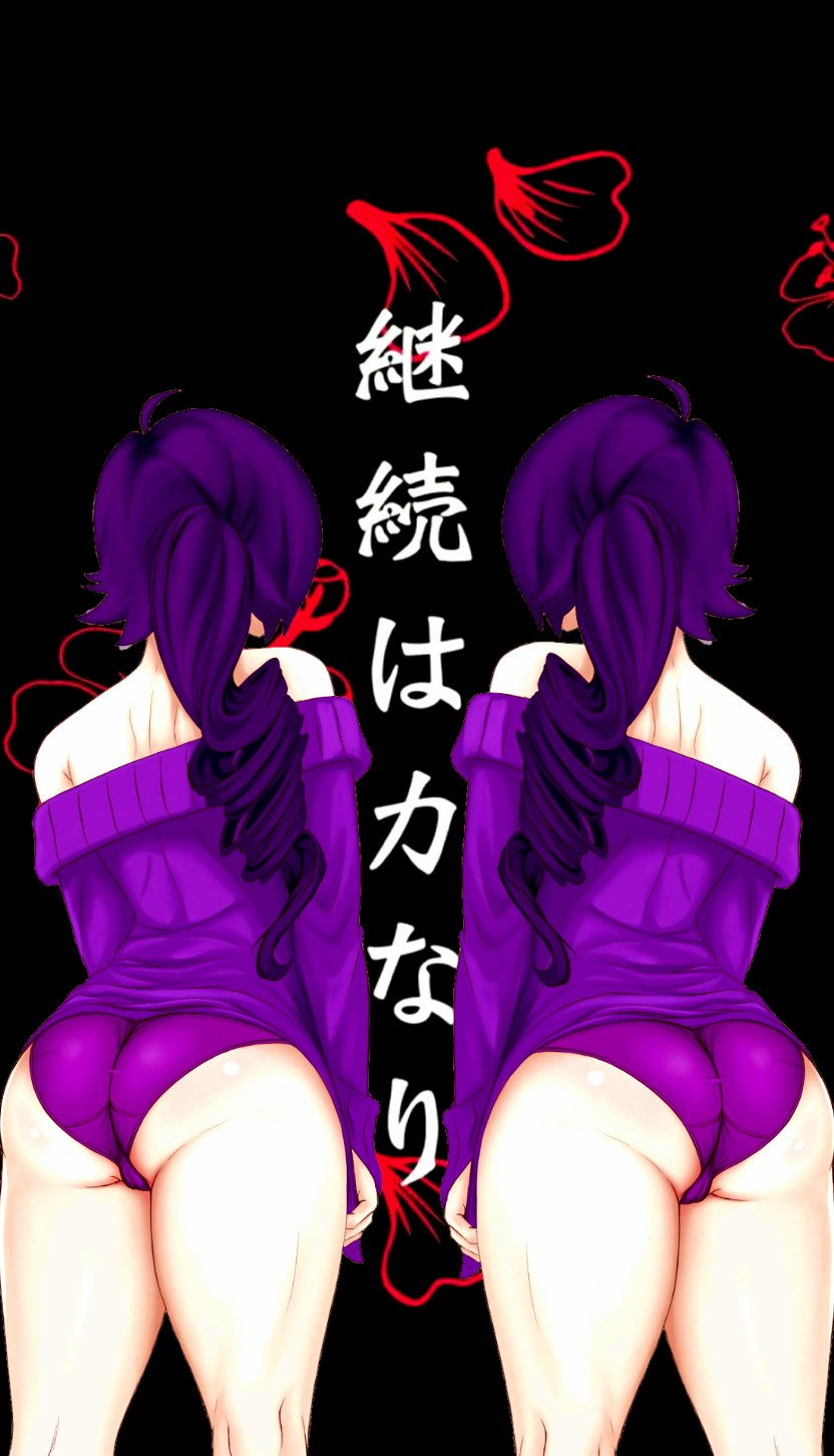 ahoge bardot_top japanese_text long_sleeves mirrored pale-skinned_female pale_skin panties petals purple_hair purple_panties rear_view sweater tagme zone-tan