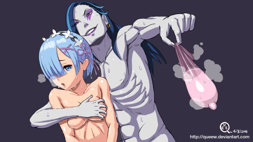 1boy 1girls after_sex blue_eyes blue_hair condom full_condom grabbing_breasts heterochromia naked re:zero_kara_hajimeru_isekai_seikatsu rem_(re:zero) roswaal_l_mathers short_hair sweat