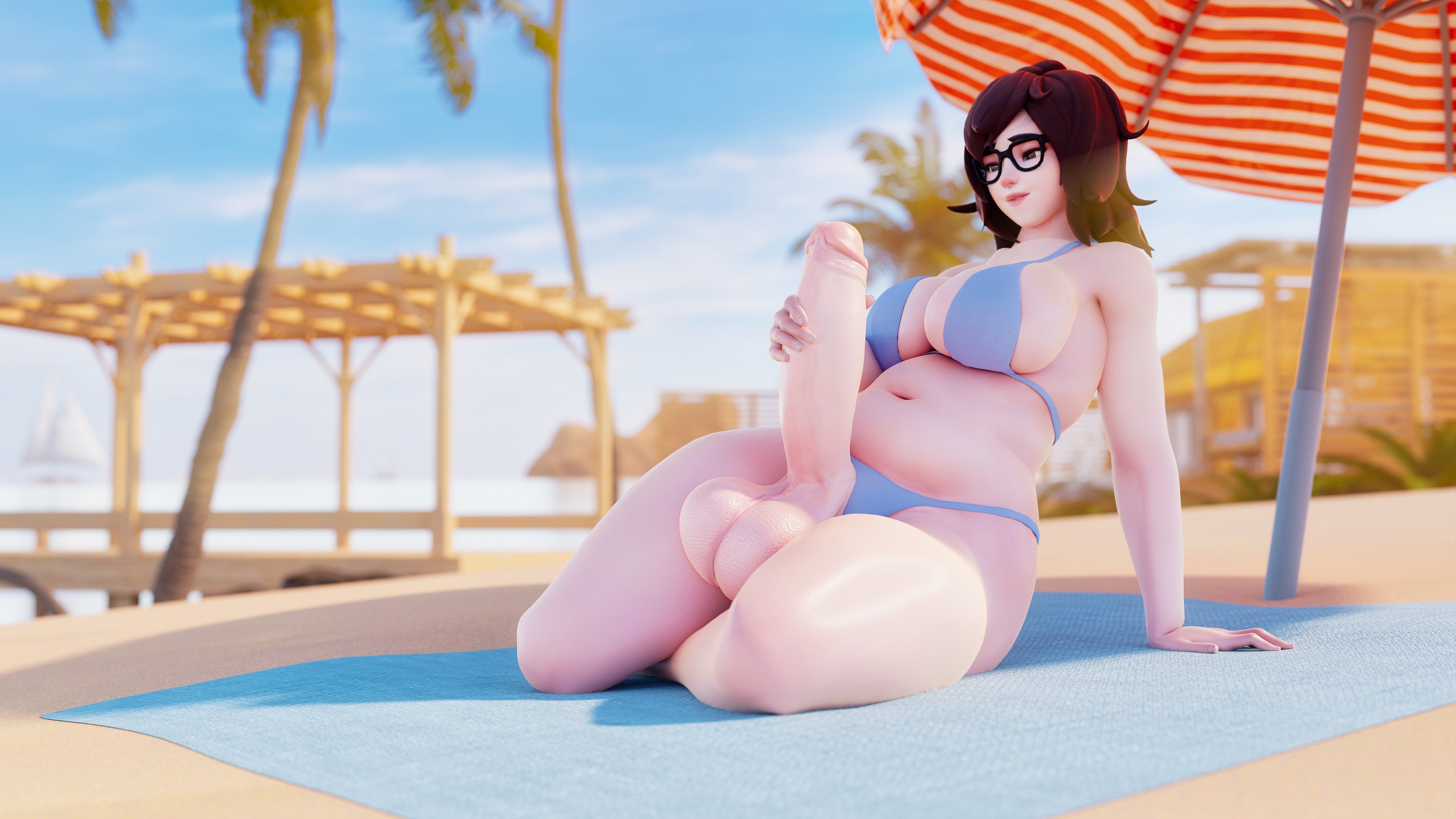 1futa, 3d, 4k, absurdres, balls, big breasts, blender, breasts, erection, eyewear, futa only, futanari, garean, glasses, highres, huge cock, intersex, large breasts, mei (overwatch), overwatch, penis, solo, testicles, thick thighs, wide hips