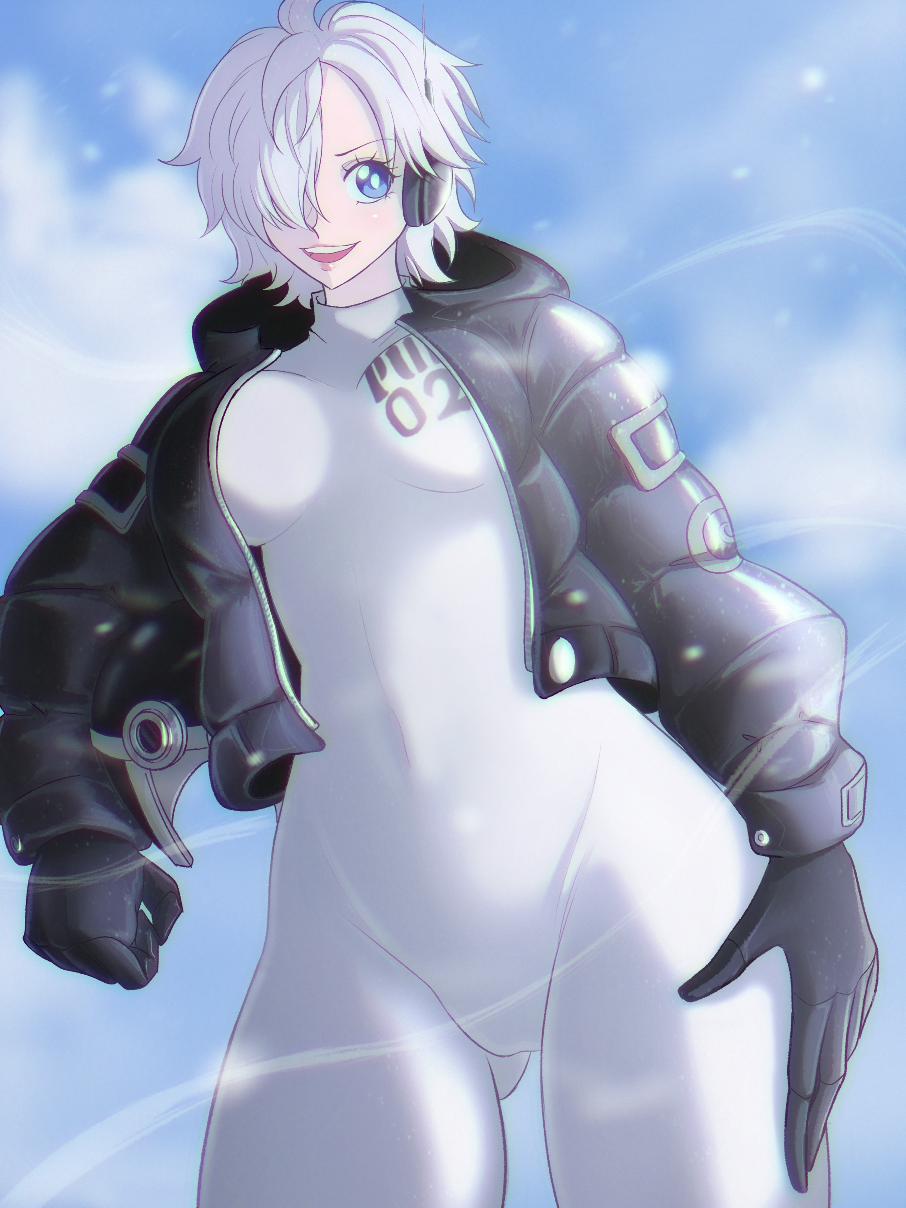 1girls, absurd res, ass visible through thighs, big breasts, blue eyes, blue sky, bodysuit, breasts, female, female only, gloves, hair over one eye, one piece, opalisart, open mouth, short hair, skin tight, smile, solo female, tagme, thick thighs, vegapunk lilith, vest, white hair