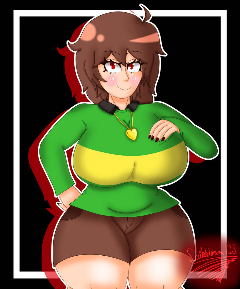 2022 big_breasts brown_hair brown_hair_female chara clothed clothed_female fingernails green_shirt hand_on_breast locket necklace red_eyes red_fingernails scribbleman123 shorts smile smiling smiling_at_viewer thick_thighs undertale undertale_(series)