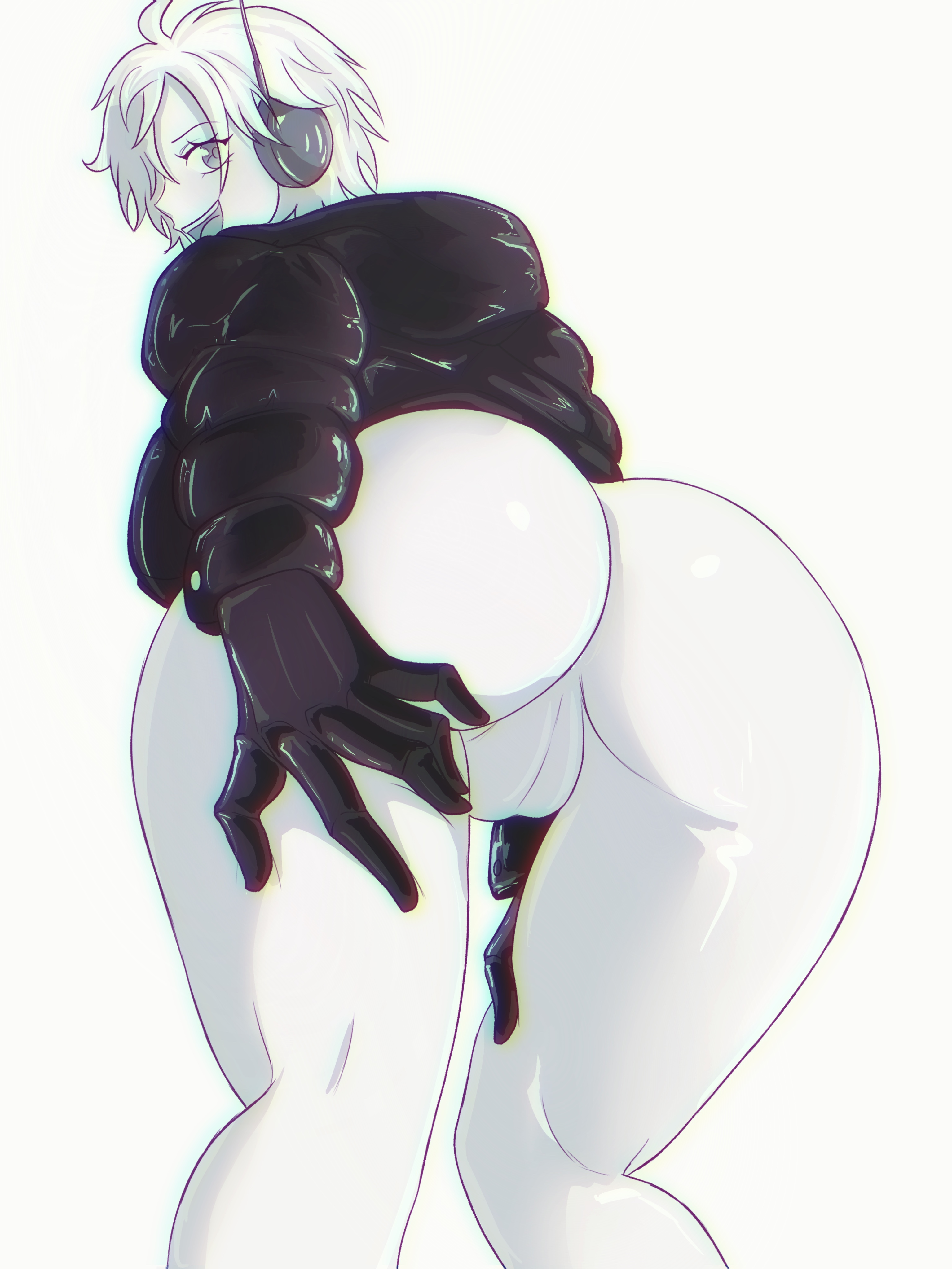 1girls, absurd res, ass, ass focus, black and white, bodysuit, cameltoe, female, female only, gloves, hair over one eye, looking at viewer, looking back, one piece, opalisart, open mouth, pussy, short hair, simple background, skin tight, smile, solo female, spreading, tagme, thick thighs, vegapunk lilith, vest, white background, white hair