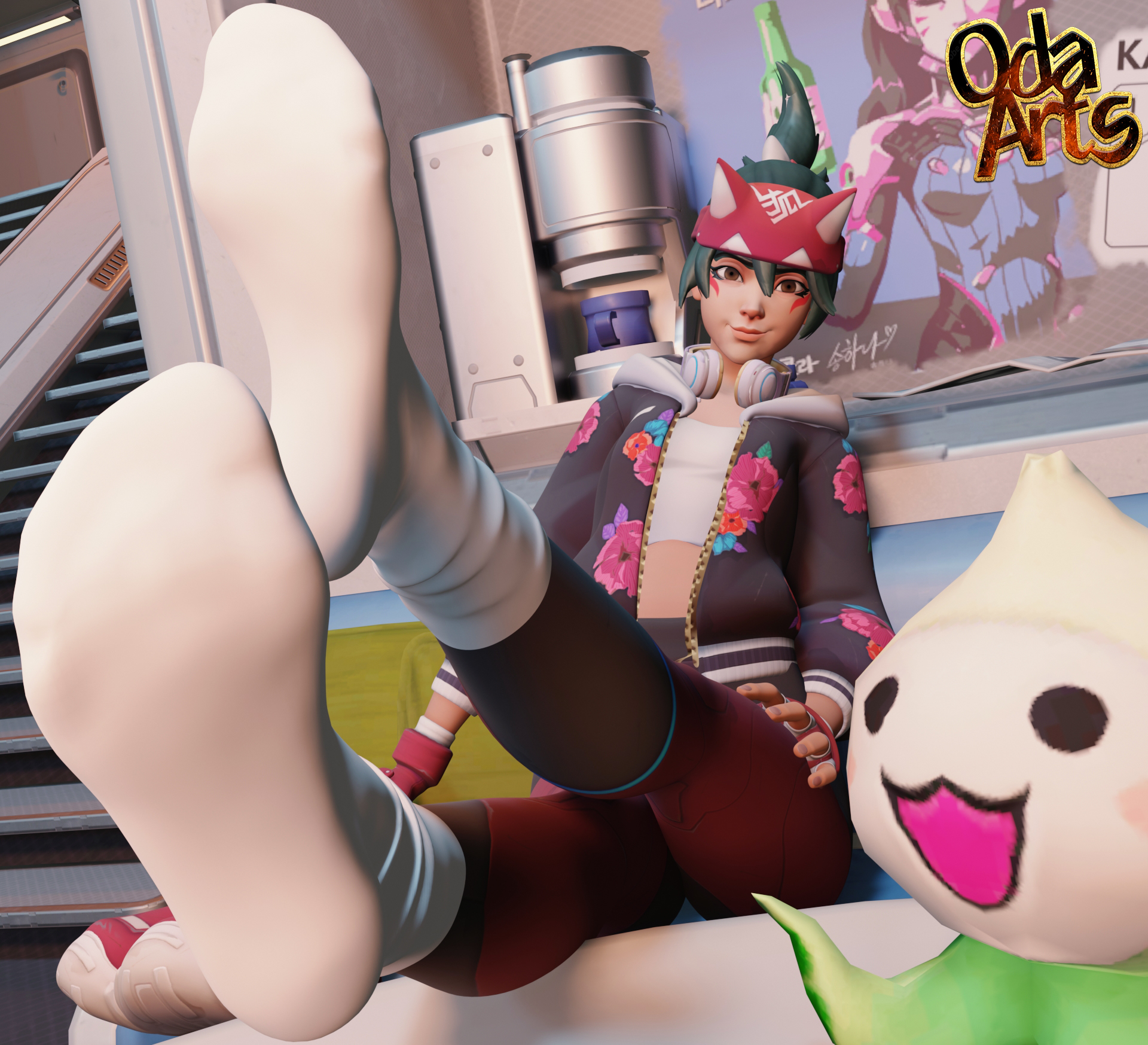 3d, athleisure kiriko, blizzard entertainment, feet, female, foot fetish, foot focus, fox, fully clothed, japanese, kiriko (overwatch), oda arts, overwatch, overwatch 2, relaxing, socks