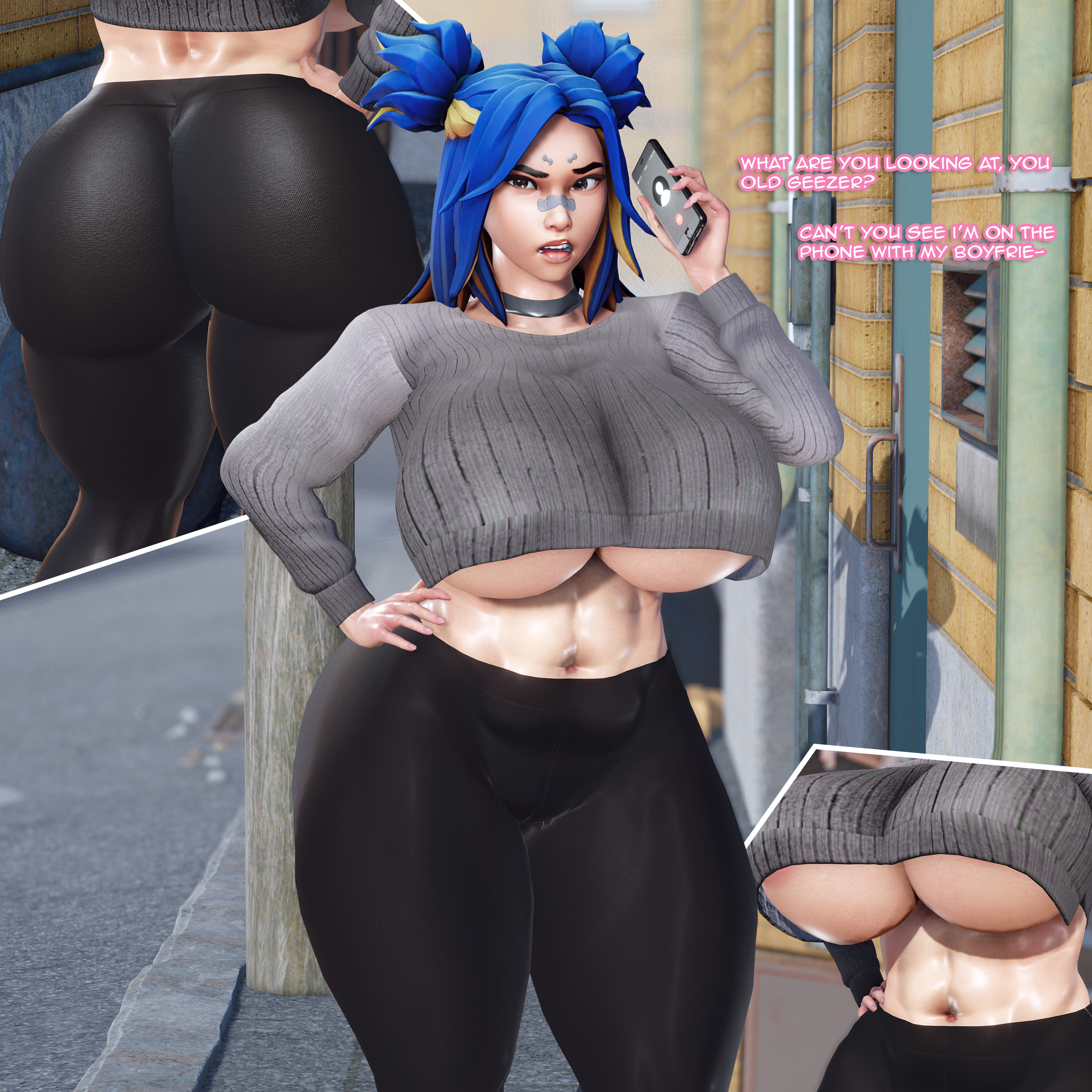 1girls, 3d, 3d (artwork), annoyed, ass, bandage on face, big ass, big breasts, blue hair, breasts, choker, clothed, clothing, curvy, female, female only, hex3d, huge ass, huge breasts, large ass, large breasts, leggings, midriff, multicolored hair, neon (valorant), phone, thick thighs, underboob, valorant, venus body, voluptuous, wide hips