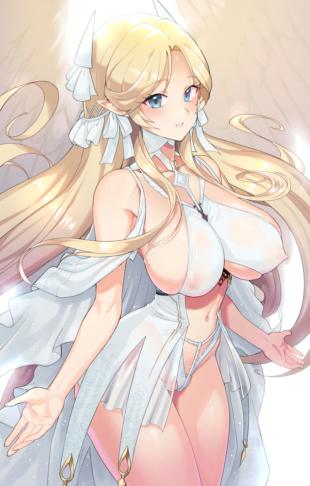 1girls angel_wings azur_lane blonde_hair blue_eyes breasts brest_(azur_lane) clothed clothing female female_only iris_libre_(azur_lane) leotard light-skinned_female light_skin looking_at_viewer see-through_clothing supurai wings