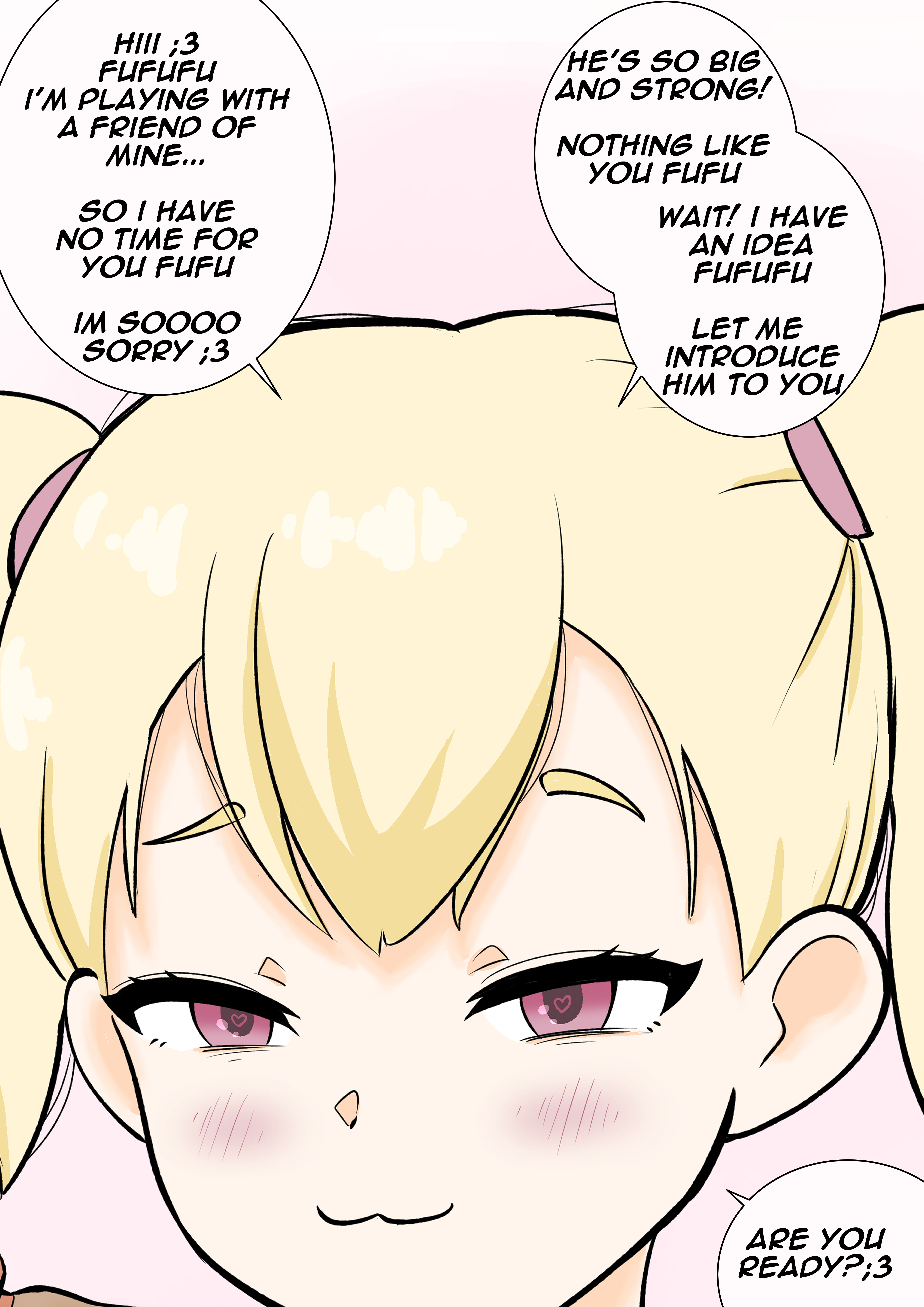 1boy, 1girls, big breasts, big penis, blonde hair, breasts, cuckold, cuckold pov, erection, female, large breasts, looking at viewer, male, muscles, muscular, netorare, ntr, penis, pink eyes, pov, size difference, smile, smug, twintails