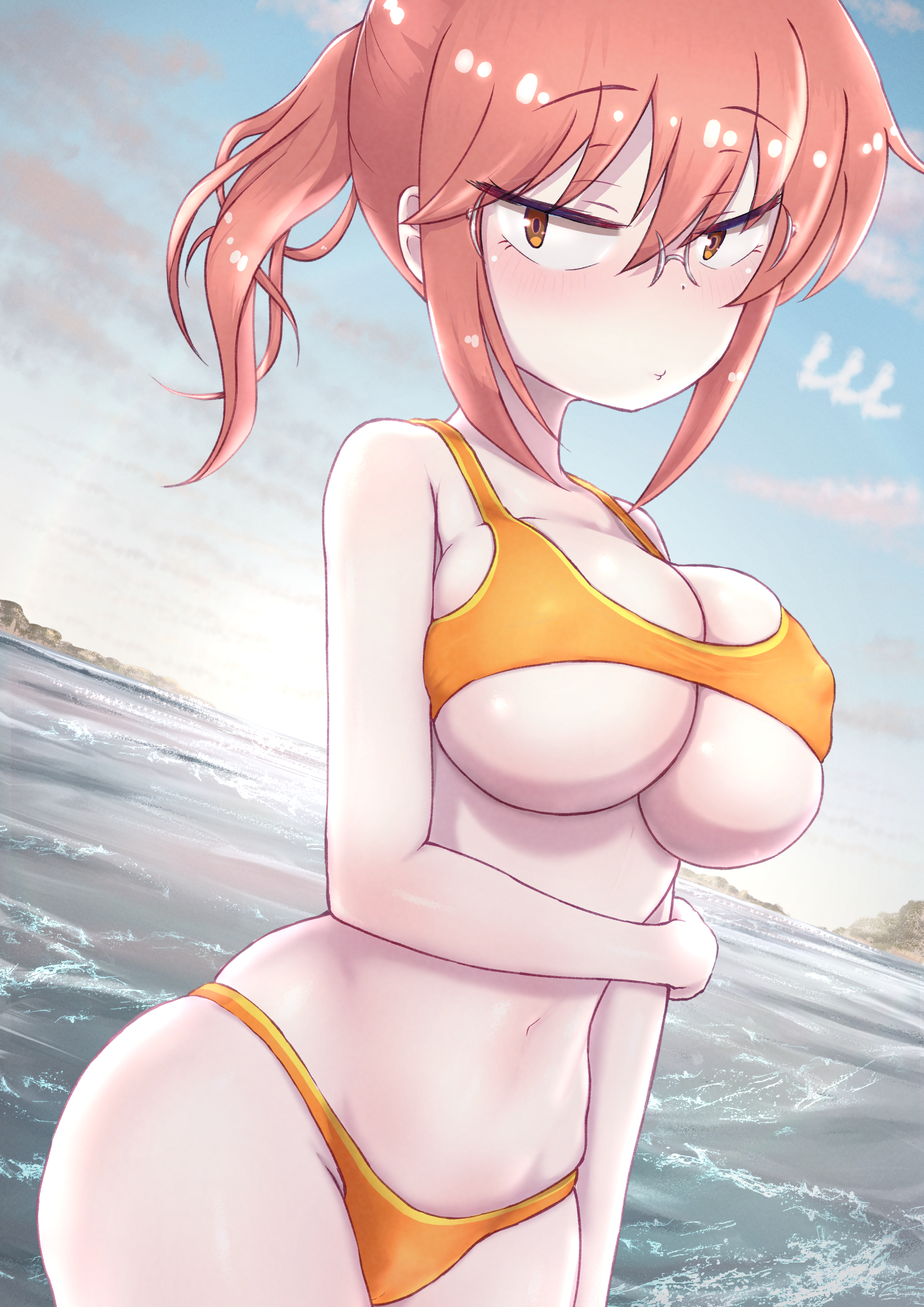 1girls, alternate breast size, beach, big breasts, bikini, breasts, eye contact, female, female only, fully clothed, glasses, kobayashi, looking at viewer, miss kobayashi's dragon maid, outdoors, ozrereresan, red hair, revealing clothes, skimpy clothes, solo, solo female, standing, thick thighs, thighs, tight clothing, underboob