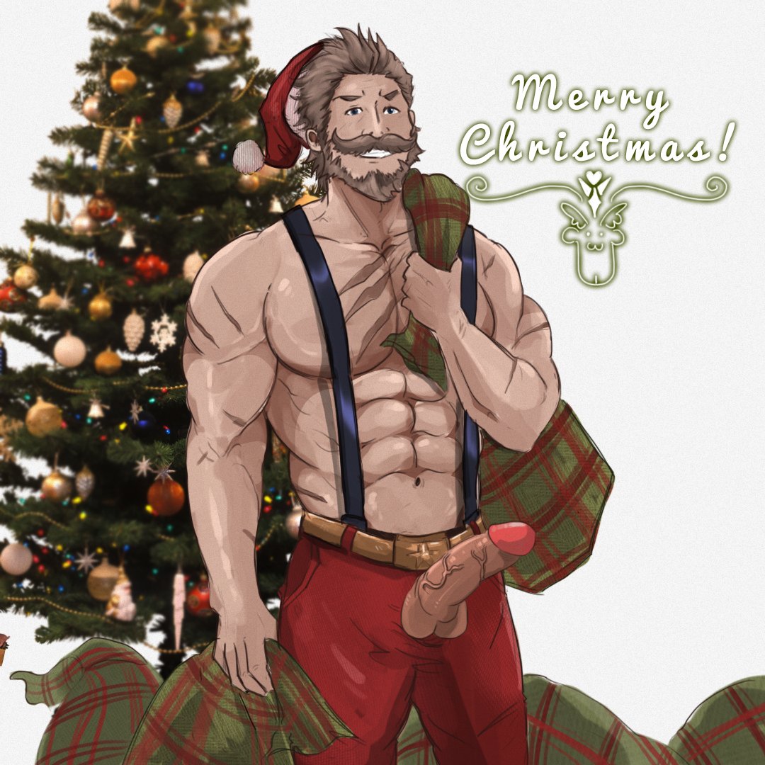 1male abs bigbaraboi christmas christmas_tree facial_hair granblue_fantasy male male_focus male_only penis_out santa_hat scars shirtless soriz