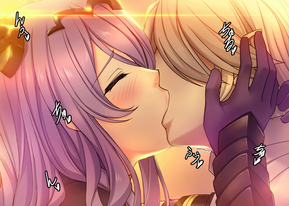 1boy 1girls camilla_(fire_emblem) closed_eyes corrin_(fire_emblem) corrin_(fire_emblem)_(male) female fire_emblem fire_emblem_fates french_kiss gloves hair_over_one_eye hand_on_face horns hug japanese_text kissing long_hair male mouth_fetish nintendo purple_hair saijou_satoru sloppy sloppy_kiss sound_effects text translation_request