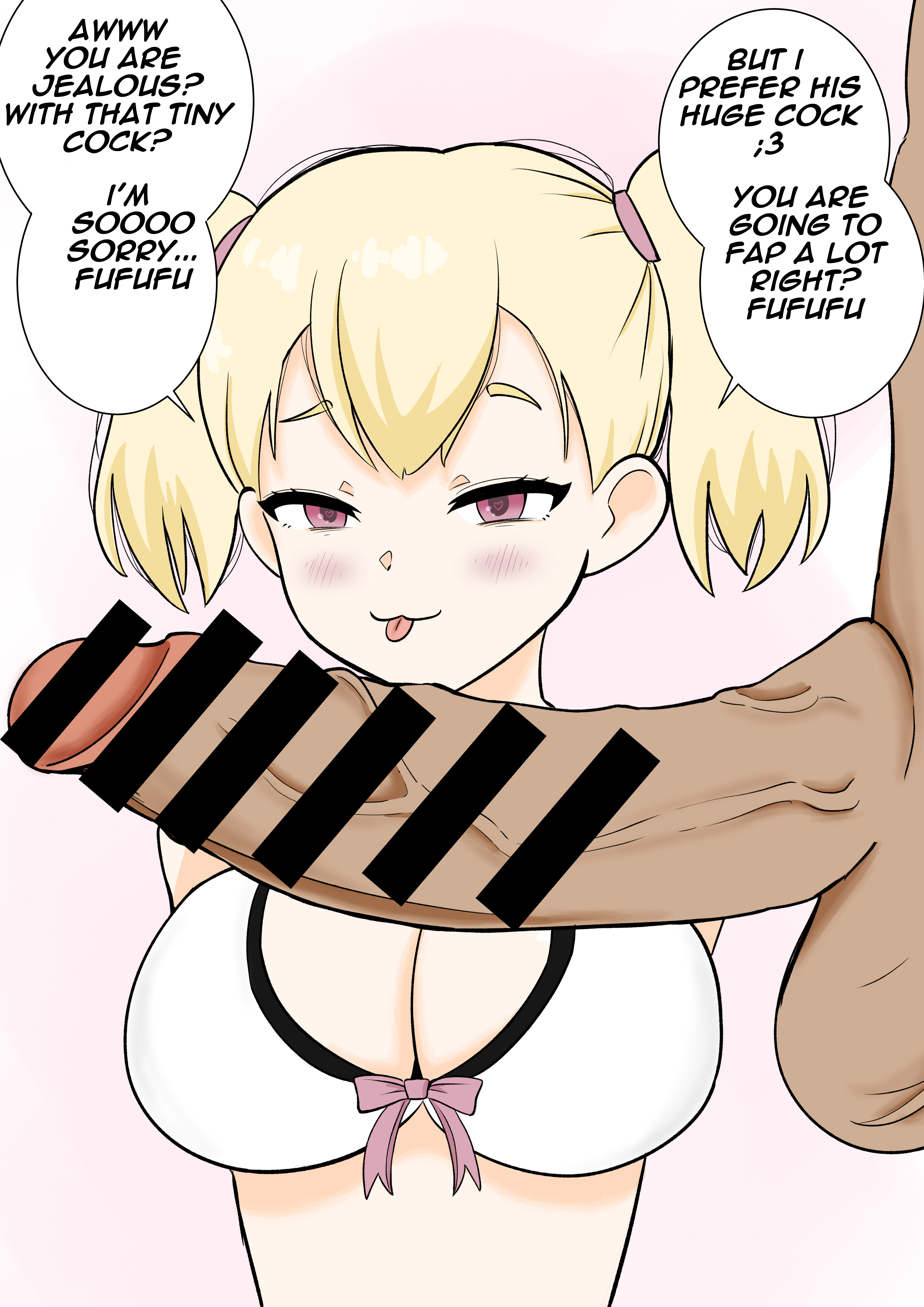 1boy, 1girls, big breasts, big penis, blonde hair, breasts, cuckold, cuckold pov, dialogue, erection, female, large breasts, light skin, light-skinned female, looking at viewer, male, muscles, muscular, netorare, ntr, pale skin, pale-skinned female, penis, pink eyes, pov, size difference, smile, smug, talking to viewer, tan skin, tan-skinned male, twintails