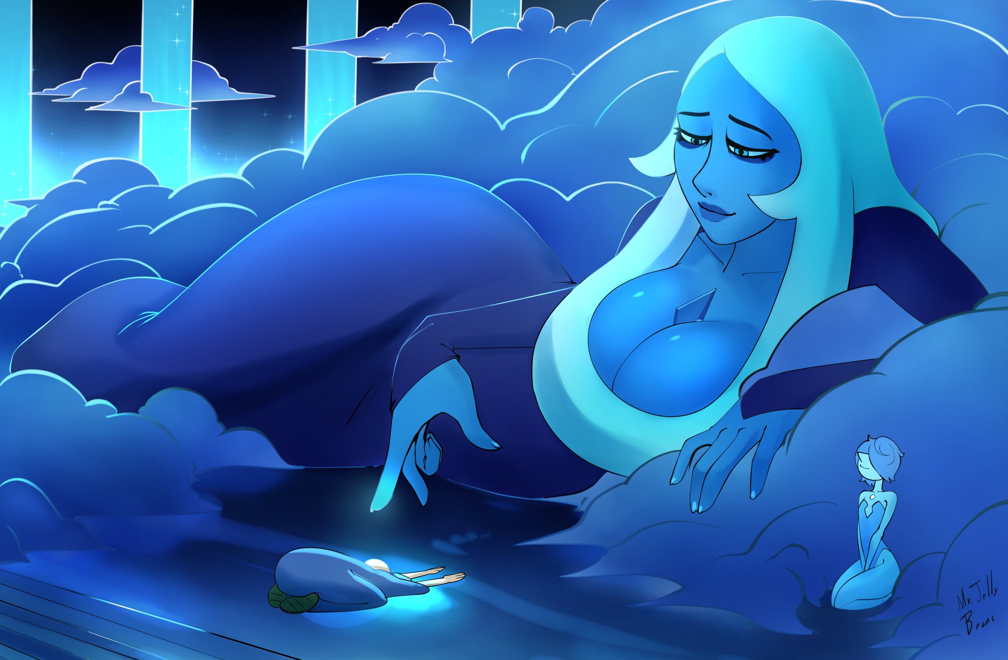 3girls, blue, blue diamond (steven universe), blue pearl (steven universe), cartoon network, diamond authority, female, female only, gem (species), giantess, goddess, highres, monochrome, mr.jellybeans, steven universe, tagme