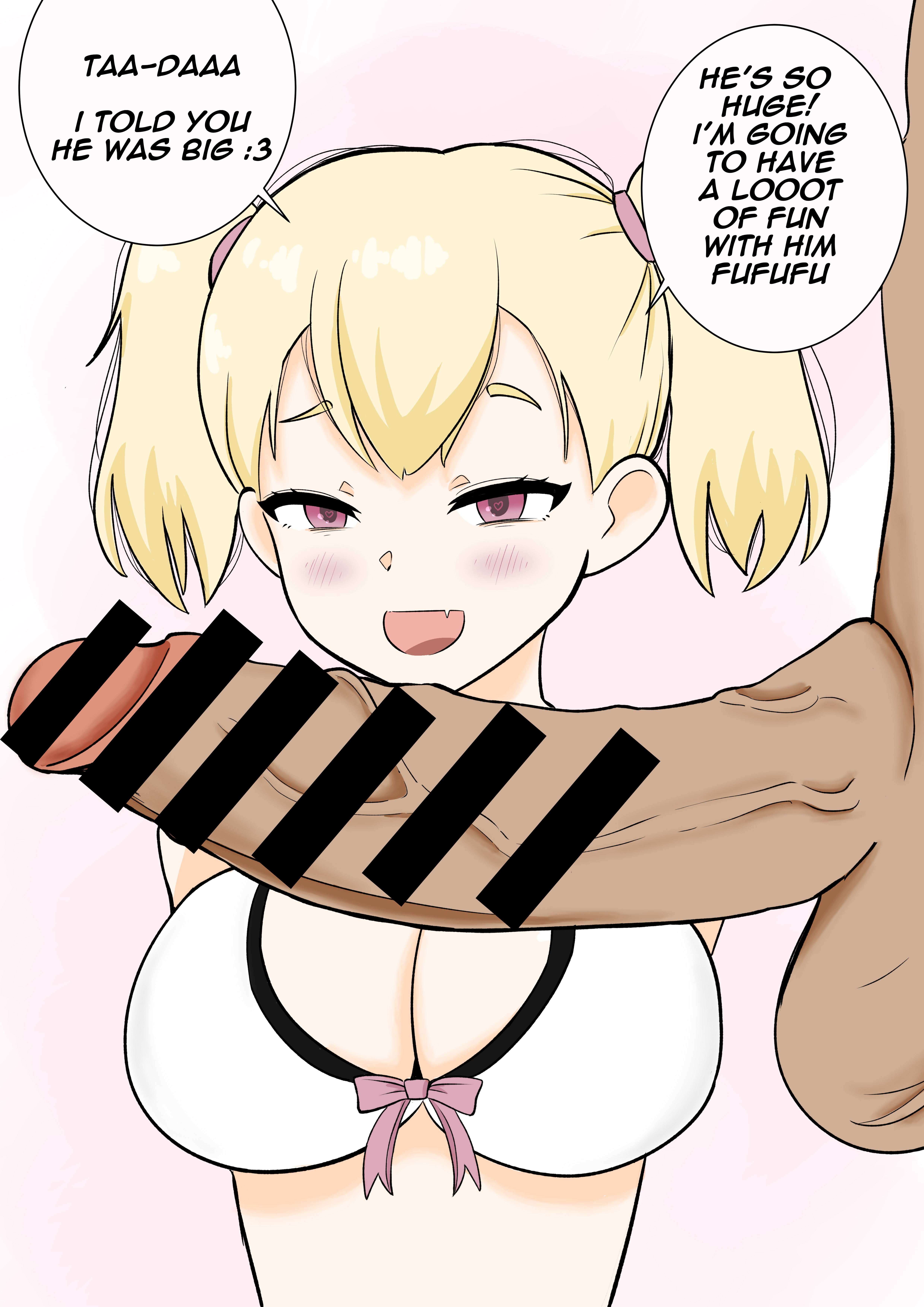 1boy, 1girls, big breasts, big penis, blonde hair, breasts, cuckold, cuckold pov, erection, female, large breasts, looking at viewer, male, muscles, muscular, netorare, ntr, penis, pink eyes, pov, size difference, smile, smug, twintails