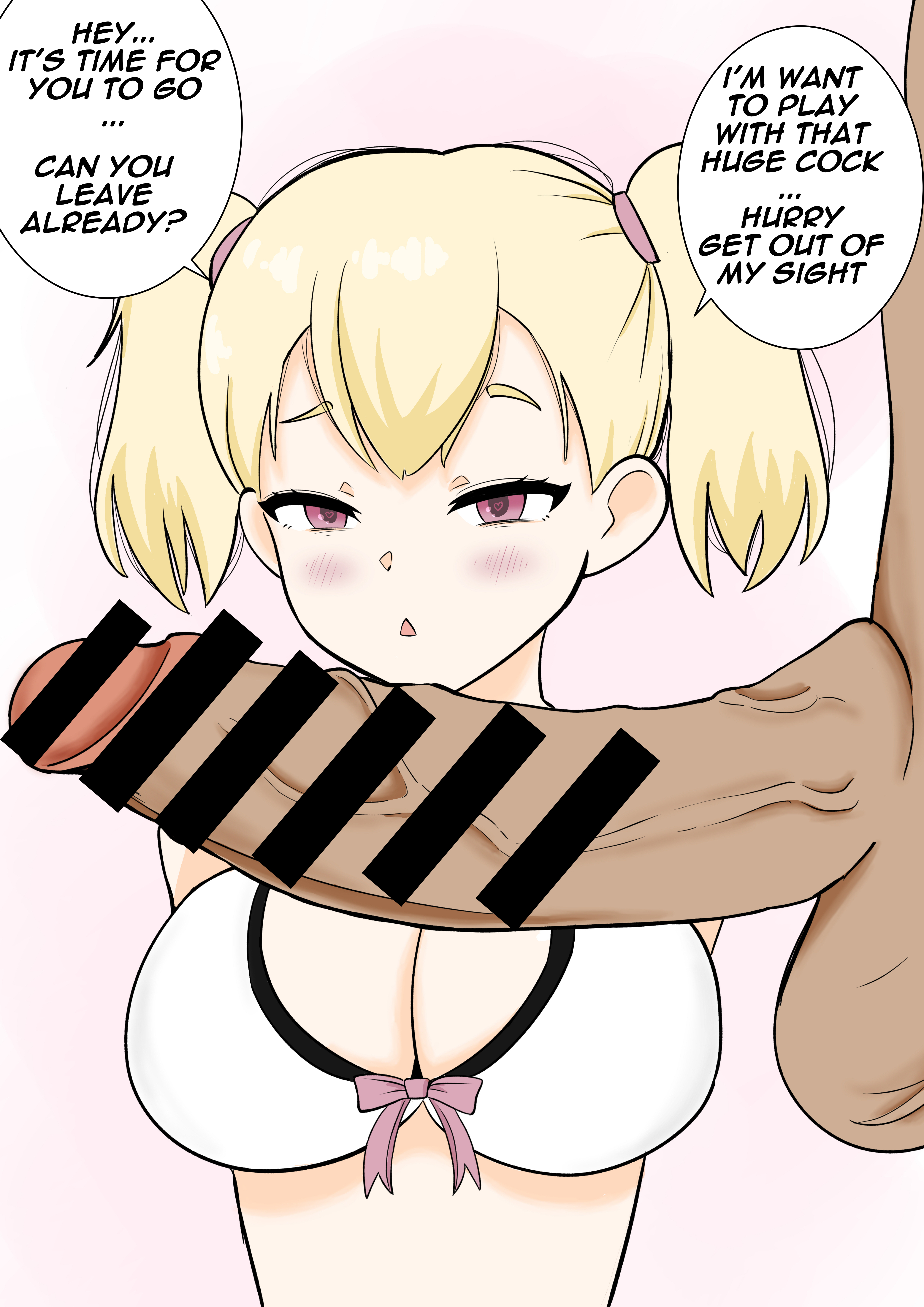 1boy, 1girls, big breasts, big penis, blonde hair, breasts, cuckold, cuckold pov, erection, female, large breasts, looking at viewer, male, muscles, muscular, netorare, ntr, penis, pink eyes, pov, size difference, smile, smug, twintails