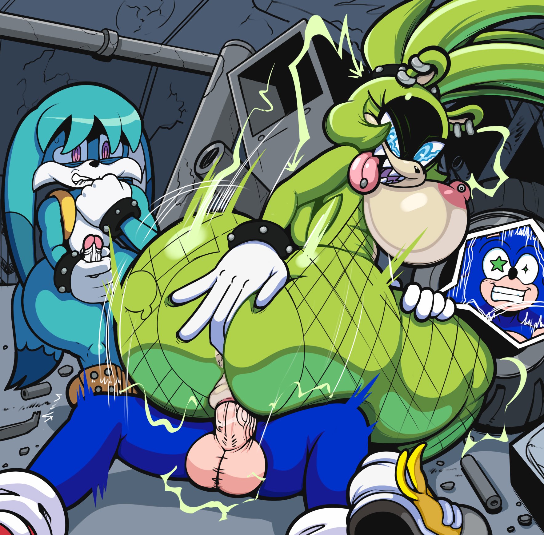 1girls, 2boys, anal fingering, anthro, anus, ass, balls, big ass, big butt, biting lip, bubble ass, bubble butt, collaboration, cowgirl position, electricity, enemies having sex, female, fennec, fishnets, hedgehog, huge ass, idw comics, idw publishing, kitsunami the fennec, large ass, lightning, lying, lying on back, male, masturbation, mobian (species), motion lines, nipples, nobody147, penetration, penile penetration, penis, penis in pussy, piercing, pussy, riding, sega, sex, smile, sonic (series), sonic the hedgehog, sonic the hedgehog (comics), sonic the hedgehog (idw), sonic the hedgehog (series), straddling, surge the tenrec, tenrec, textless, thick thighs, tongue, tongue out, turboranger, vagina, vaginal, vaginal penetration, vaginal sex, voyeur, watching, wide hips