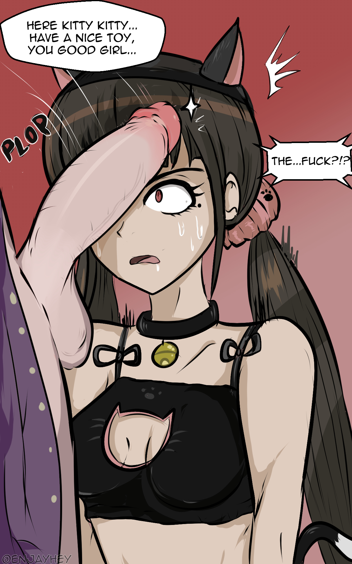 alternate version available, breasts, cat ears, cat girl, cat lingerie, cat tail, catgirl, cleavage cutout, danganronpa, danganronpa v3, dialogue, enjayhey, female, harukawa maki, lingerie, male, momota kaito, penis, penis against face, small breasts, straight hair