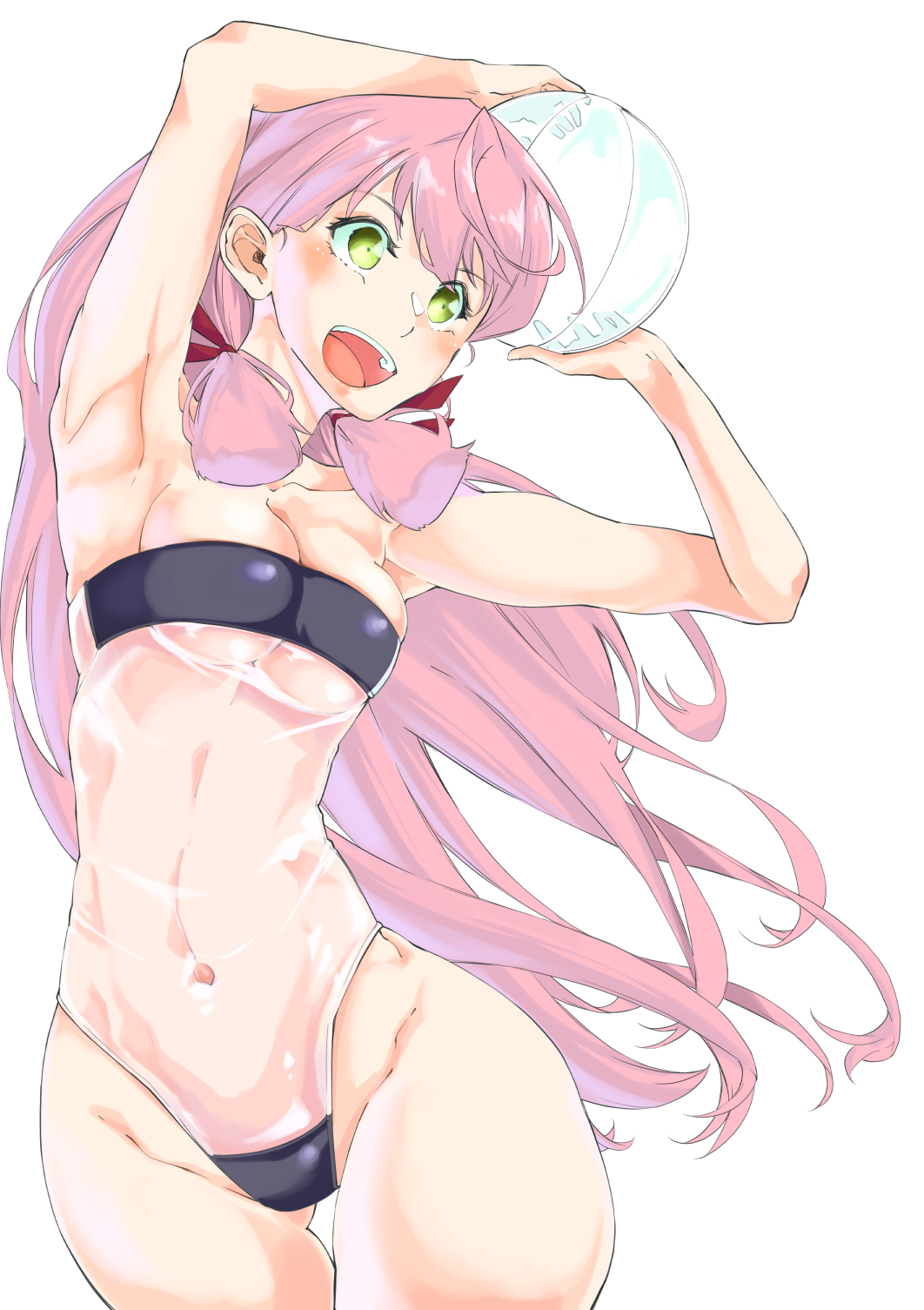 1girls akashi_(kantai_collection) bag blunt_tresses breasts casual_one-piece_swimsuit cleavage female green_eyes gris_swimsuit hair_ribbon highres kantai_collection light-skinned_female light_skin long_hair medium_breasts meme_attire navel one-piece_swimsuit open_mouth pink_hair ribbon simple_background smile solo swimsuit tress_ribbon white_background zouni_(asahi_ruyoru)