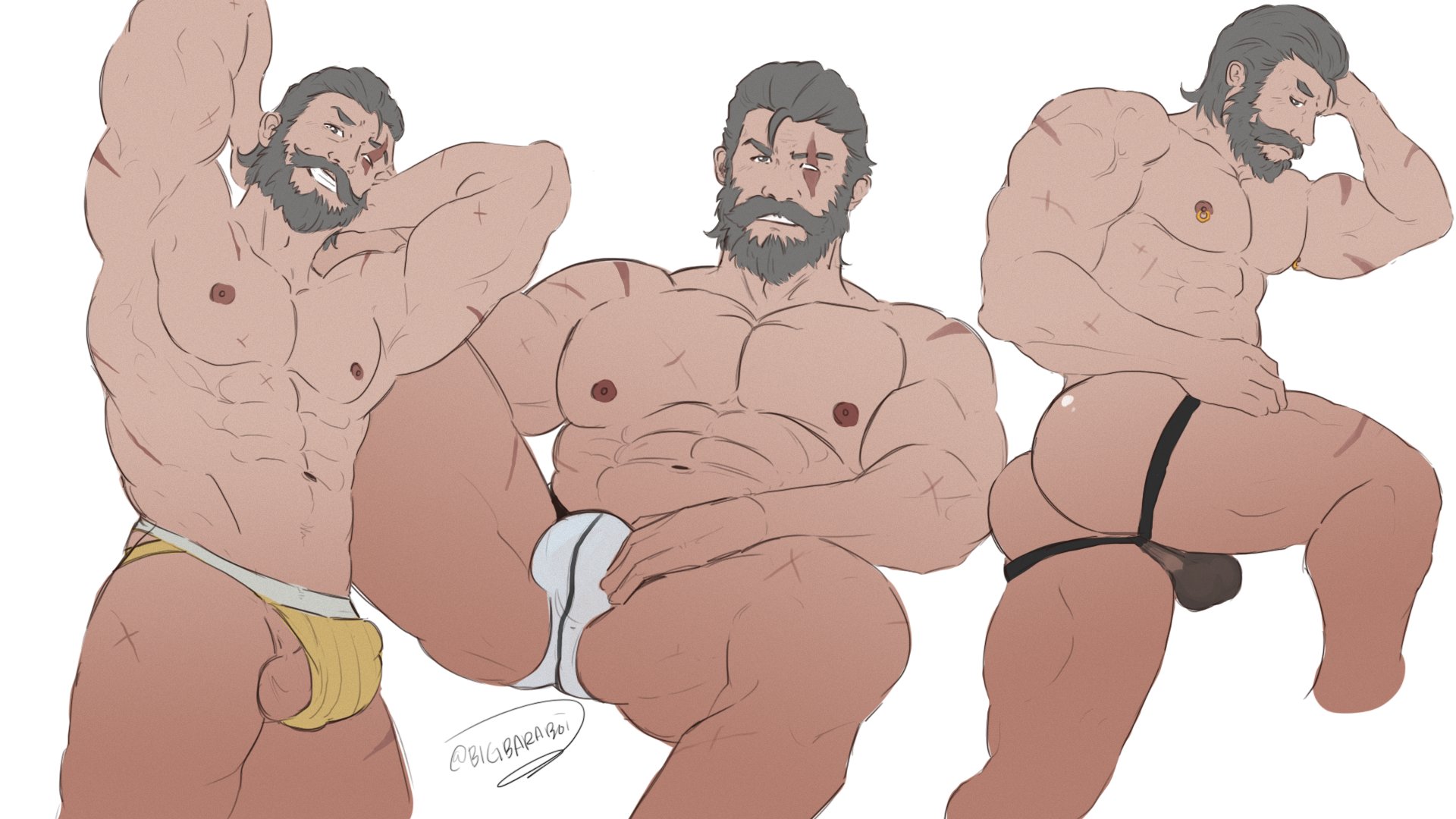1boy, beard, bigbaraboi, eye scar, facial hair, grey hair, hanamuransfw, jockstrap, male, male focus, male only, muscular, muscular male, overwatch, reinhardt, scar, scars, underwear only