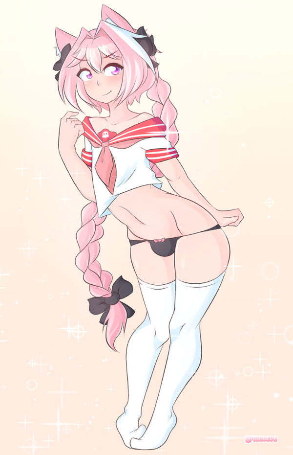 1boy, astolfo (fate), bulge, crossdressing, fate (series), femboy, feminine male, girly, hair ribbon, human, male, male only, panties, pink eyes, pink hair, solo, tagme, thighhighs, trap, vickslee