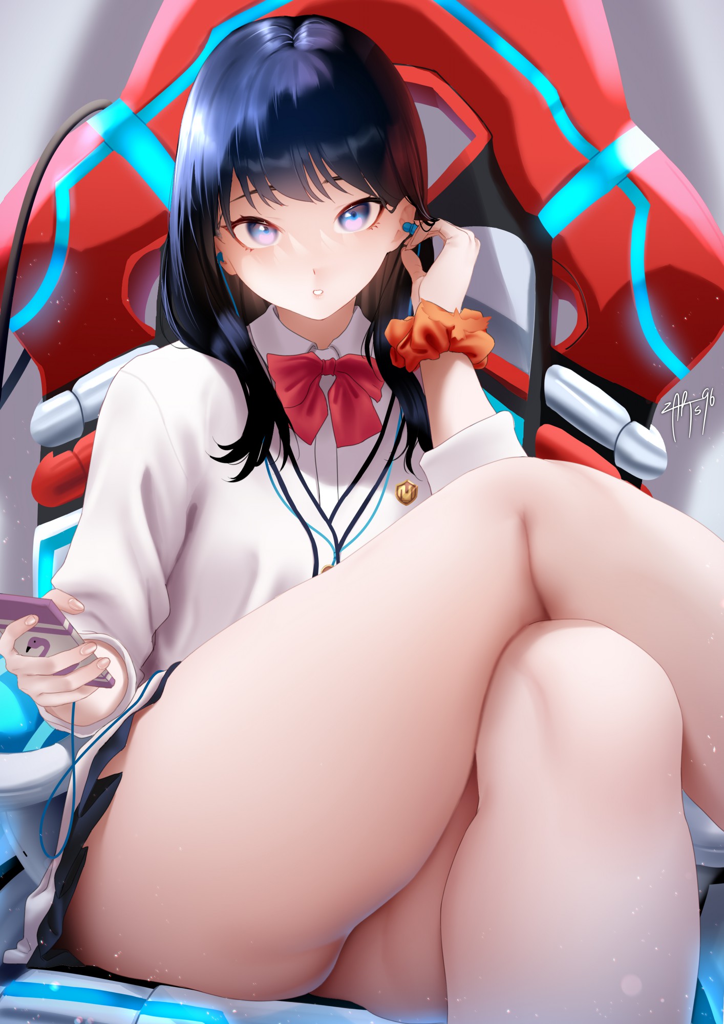 1girls, blue eyes, blue hair, eye contact, female, female focus, female only, light skin, long hair, looking at viewer, phone, school uniform, schoolgirl, signature, sitting, skirt, solo, ssss.gridman, takarada rikka, thick thighs, thighs, zasshu96