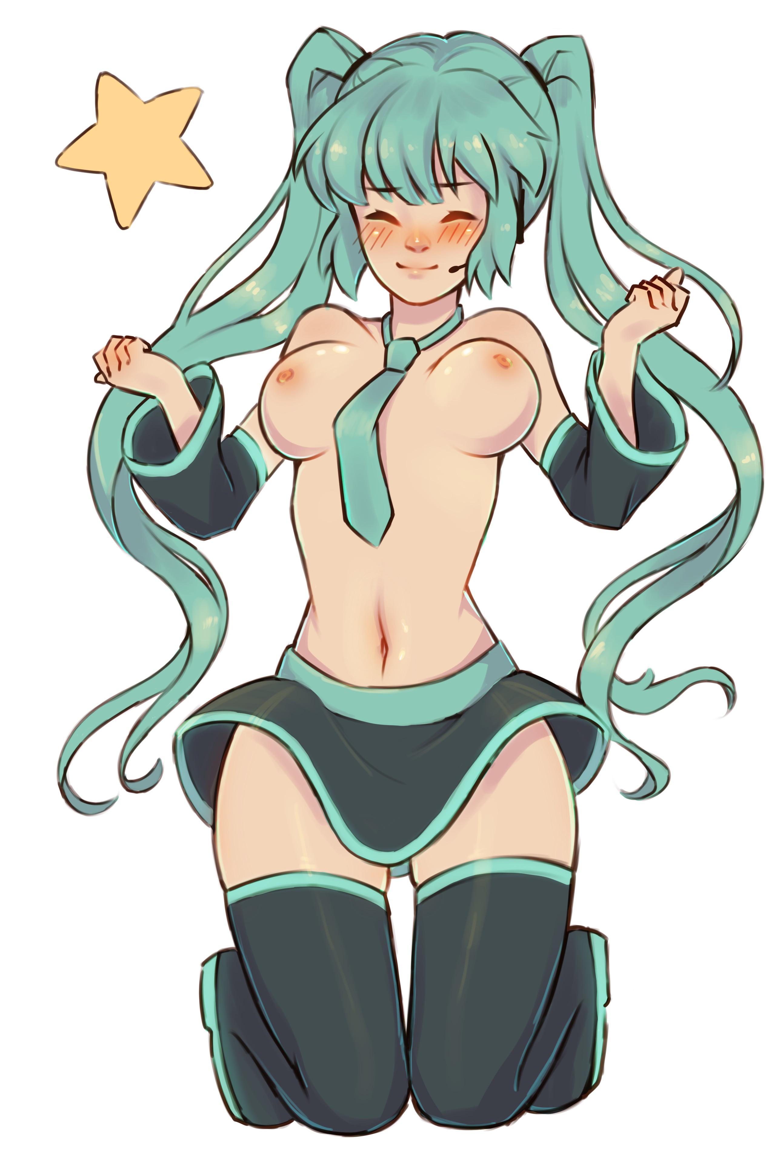 1girl, 1girls, 2022, aqua hair, areolae, between breasts, black skirt, black thighhighs, blue hair, blue necktie, blush, boots, breasts, bunnie doom, closed eyes, detached sleeves, female, female only, happy, hatsune miku, headset, jumping, knees together feet apart, large breasts, light skin, light-skinned female, long hair, medium breasts, miniskirt, navel, necktie, necktie between breasts, nipples, pale skin, pale-skinned female, simple background, skirt, sleeves, smile, solo, star, thigh boots, thighhighs, thighs, topless, twintails, very long hair, vocaloid, white background