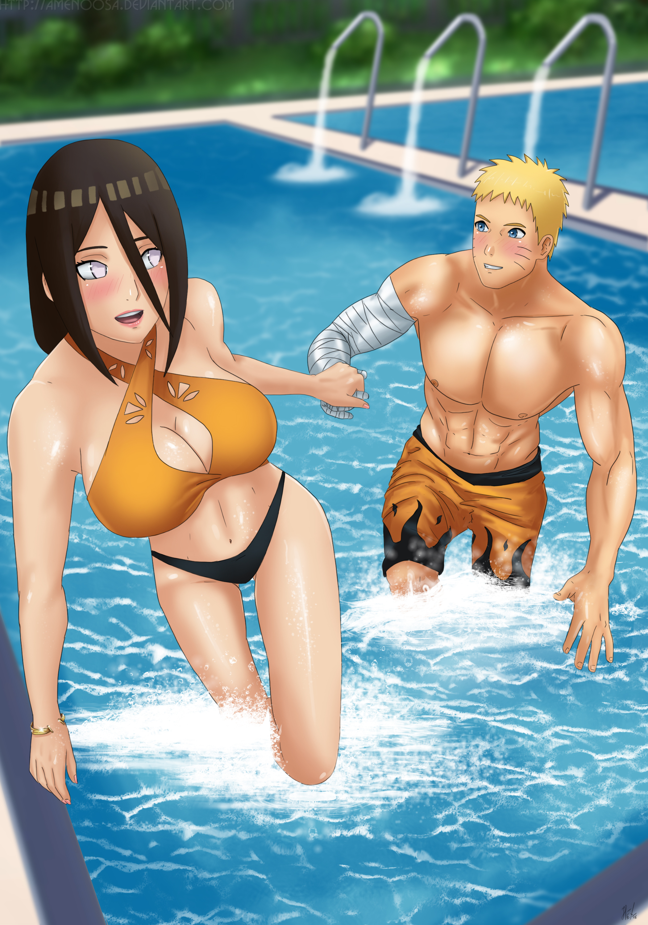 1boy, 1girls, abs, adapted costume, amenoosa, big breasts, bikini, blue eyes, blush, boruto: naruto next generations, breasts, brother in law and sister in law, brown hair, busty, center opening, cleavage, curvaceous, curvy, curvy body, curvy female, curvy figure, female, holding hands, hyuuga hanabi, lavender eyes, male, male/female, muscular, muscular male, naruto, naruto (series), partially submerged, pool, revealing swimsuit, romantic, romantic couple, shirtless, shirtless (male), smile, swimsuit, swimwear, toned, toned male, uzumaki naruto, walking, yellow hair