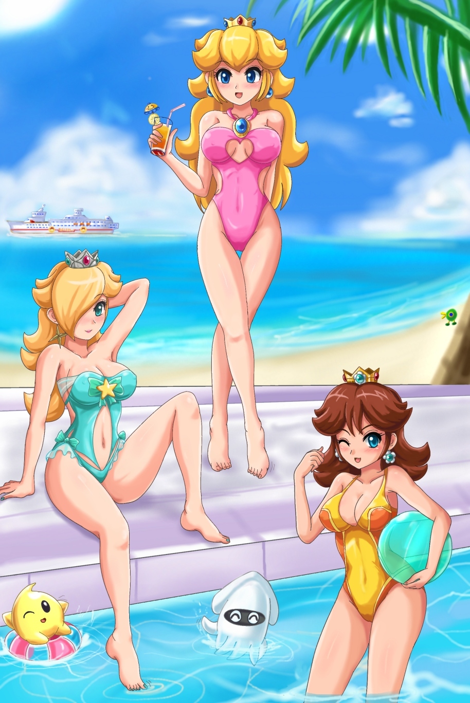 3girls arm_behind_head arm_up ball beach big_breasts blonde_hair blooper blue_sky blush blushing breasts brown_hair cameltoe cataquack clear_sky cleavage cleavage_cutout cleavage_window cloud covered_navel crown daisy_cruiser drink earrings female female_focus female_only hair_over_eye hair_over_one_eye happy having_fun human human_focus human_only large_breasts legs light-skinned_female light_skin long_hair long_legs luma mario_(series) multiple_females multiple_girls navel navel_cutout navel_window nintendo ocean one-piece_swimsuit one_eye_covered one_eye_obstructed outside pool poolside pose posing princess_daisy princess_peach princess_rosalina relaxing sea seaside ship sigurdhosenfeld sky smile smiling smiling_at_viewer standing standing_in_water strapless_one-piece_swimsuit strapless_swimsuit super_mario_bros. super_mario_galaxy super_mario_sunshine swimsuit vacation water wholesome wink winking winking_at_viewer