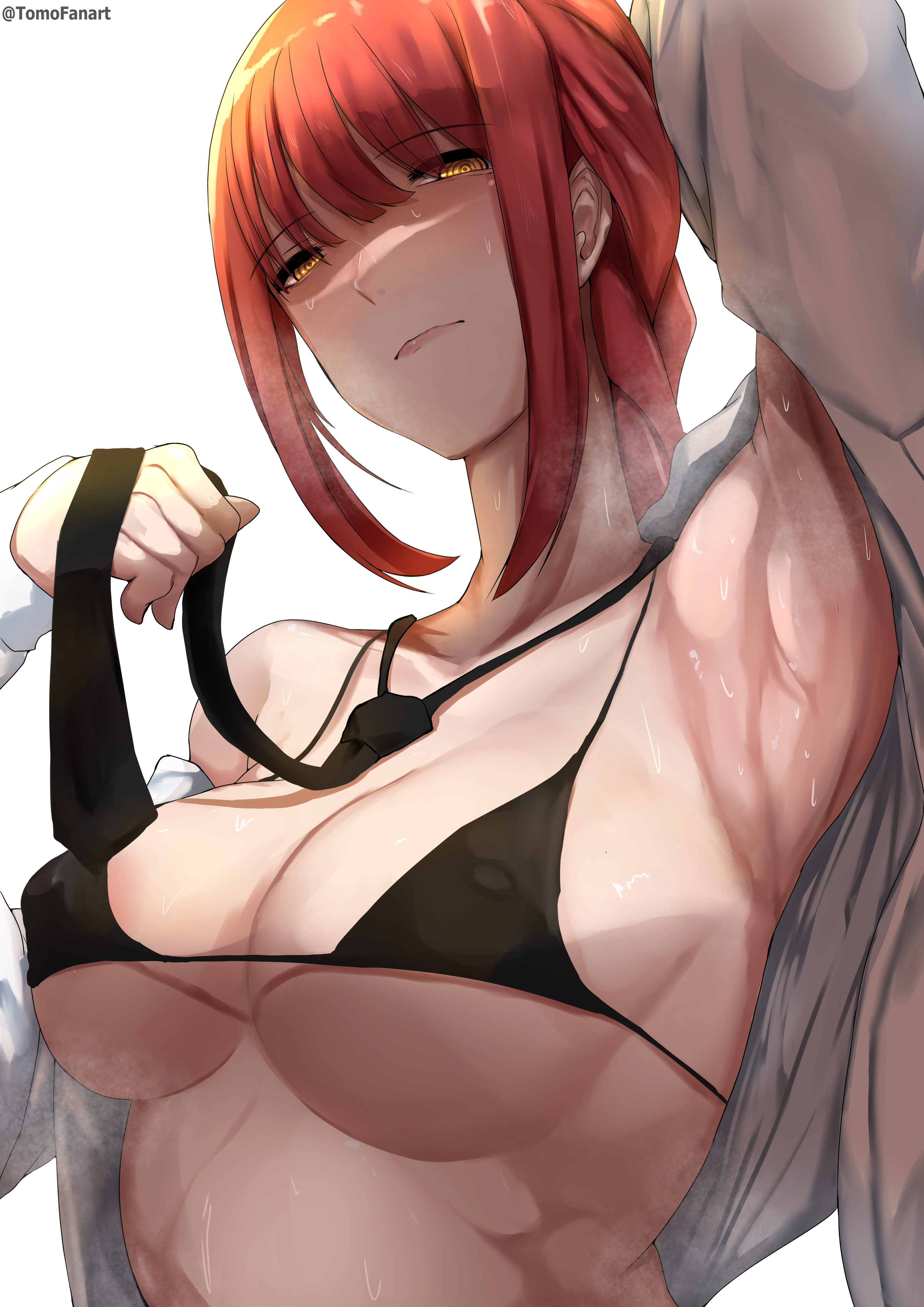 1girls, absurd res, armpits, bangs, bikini, black bikini, black necktie, breasts, chainsaw man, closed mouth, covered erect nipples, covered nipples, female, large breasts, long hair, looking at viewer, makima (chainsaw man), micro bikini, necktie, open clothes, red hair, ringed eyes, sexy armpits, shirt, string bikini, sweat, swimsuit, tomodachi (tomofanart), white shirt, yellow eyes