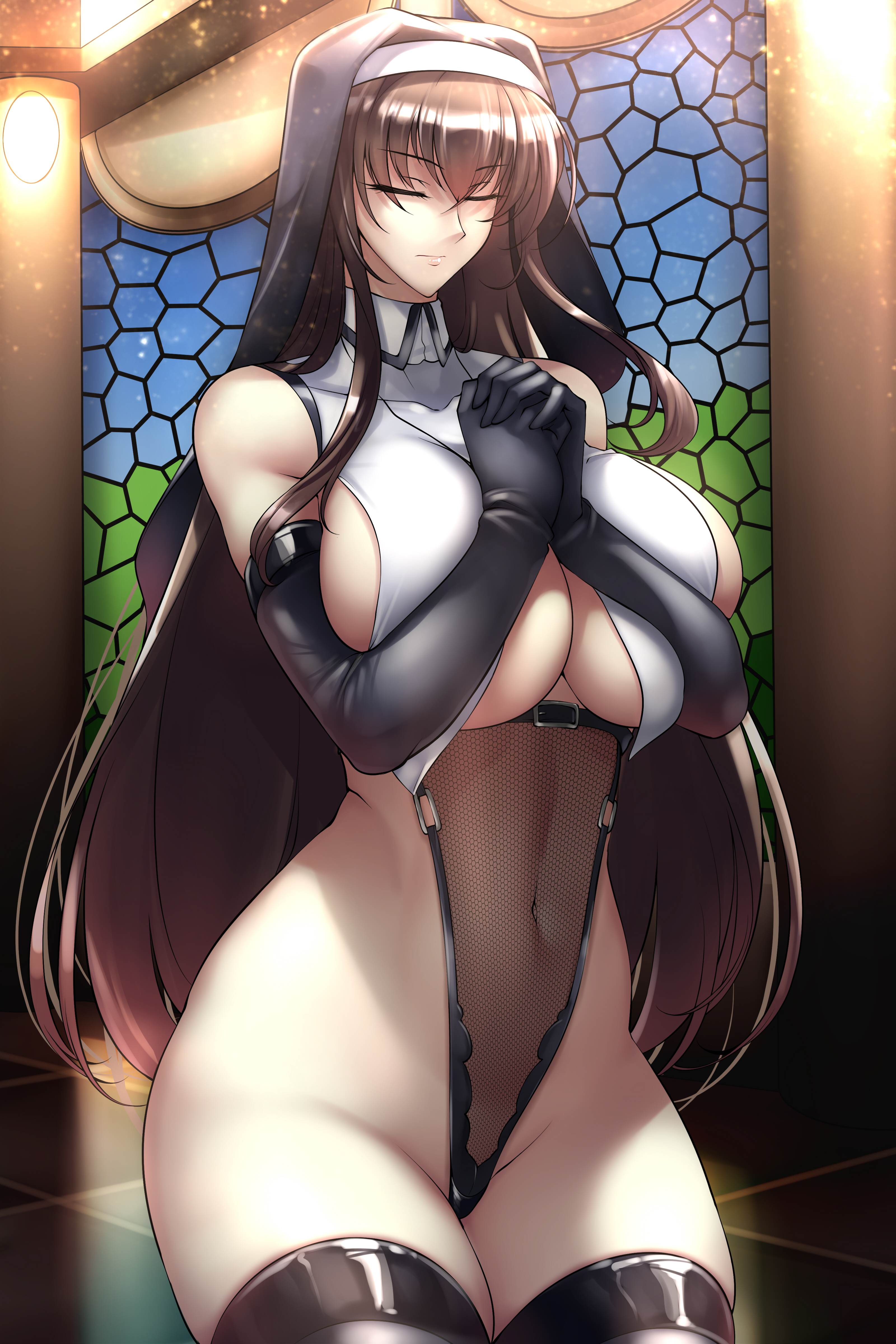 1girls, absurd res, absurdres, arm length gloves, bangs, bare hips, bare shoulders, big breasts, black clothes, black clothing, black gloves, black leotard, blouse, breast curtains, breasts, brown hair, busty, child bearing hips, cleavage, closed eyes, clothed, clothed female, clothing, elbow gloves, eyelashes, eyeliner, female, female only, fishnets, fit, fit female, gloves, haganef, hands together, headdress, hi res, high resolution, highres, hips, human, human only, kurogane sakuya, large breasts, large filesize, leotard, light skin, light-skinned female, lingerie, lipstick, long hair, makeup, navel, nun, nun outfit, nun's habit, original, original character, praying, see-through, shiny hair, shirt, skimpy, skimpy clothes, stockings, stomach, thick thighs, thighhighs, thighs, very high resolution, very long hair, wide hips