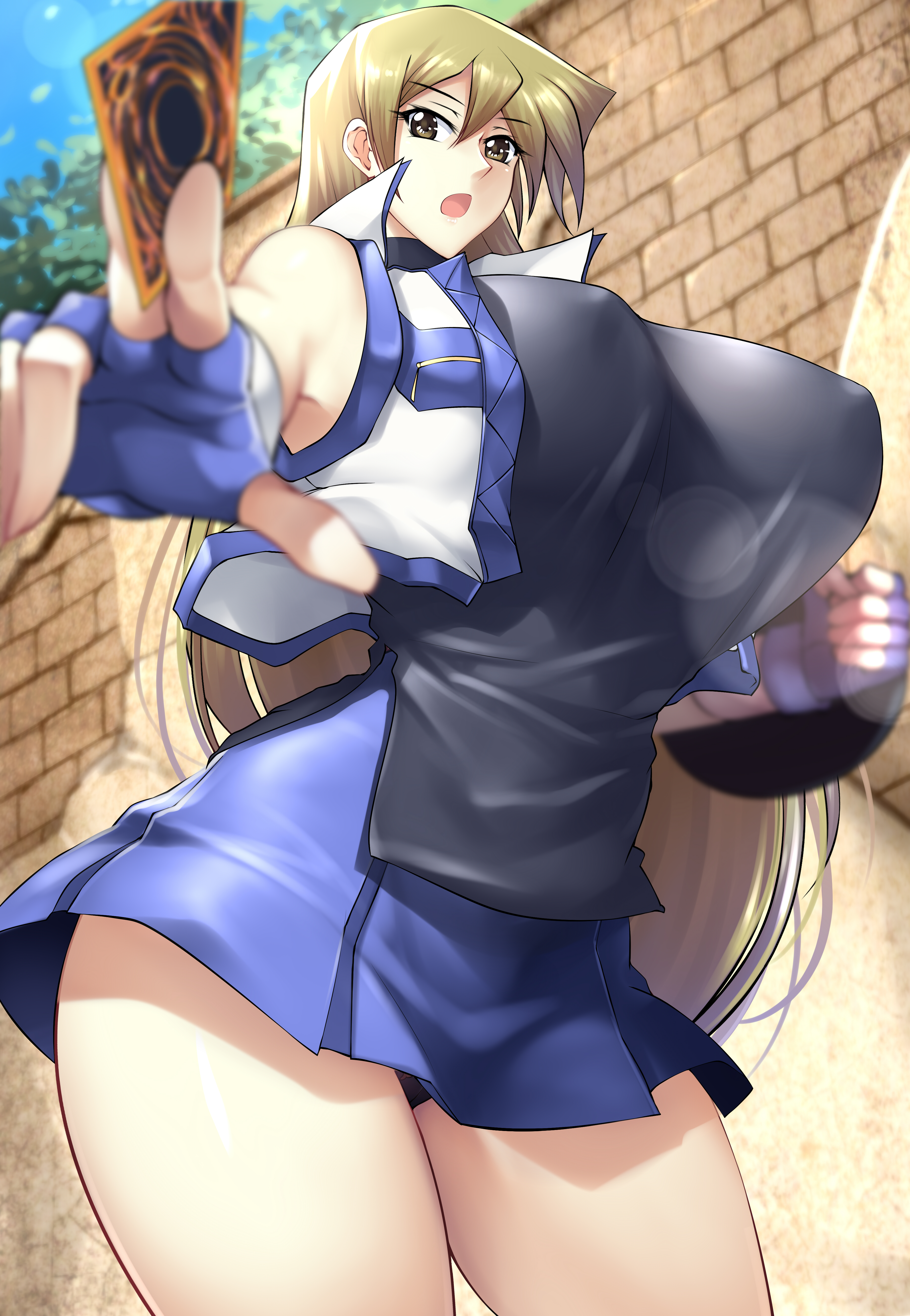 1girls, absurd res, absurdres, alexis rhodes, bare thighs, big breasts, black shirt, blonde hair, blue skirt, breasts, breasts bigger than head, brown eyes, busty, card, clothed, clothed female, clothing, female, female focus, female only, fingerless gloves, fit, fit female, gloves, haganef, high resolution, highres, holding card, huge breasts, large filesize, light skin, light-skinned female, shirt, skirt, solo, solo female, solo focus, standing, tenjouin asuka, thick thighs, thighs, very high resolution, vest, white vest, yellow eyes, yu-gi-oh!