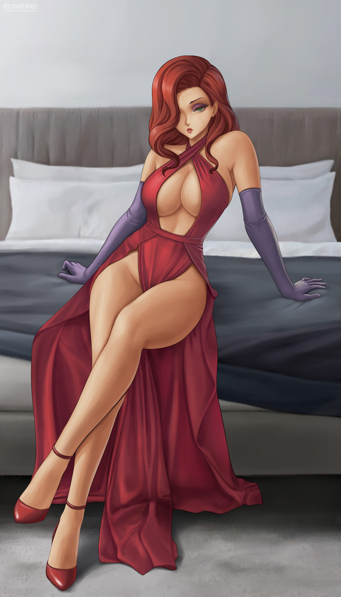 1girls, 2022, arm gloves, boob window, breasts, cleavage, disney, dress, eyeshadow, female, female only, flowerxl, green eyes, hair over one eye, heels, jessica rabbit, long hair, long red hair, looking at viewer, mascara, red hair, sitting, sitting on bed, solo, thick thighs, who framed roger rabbit, wide hips