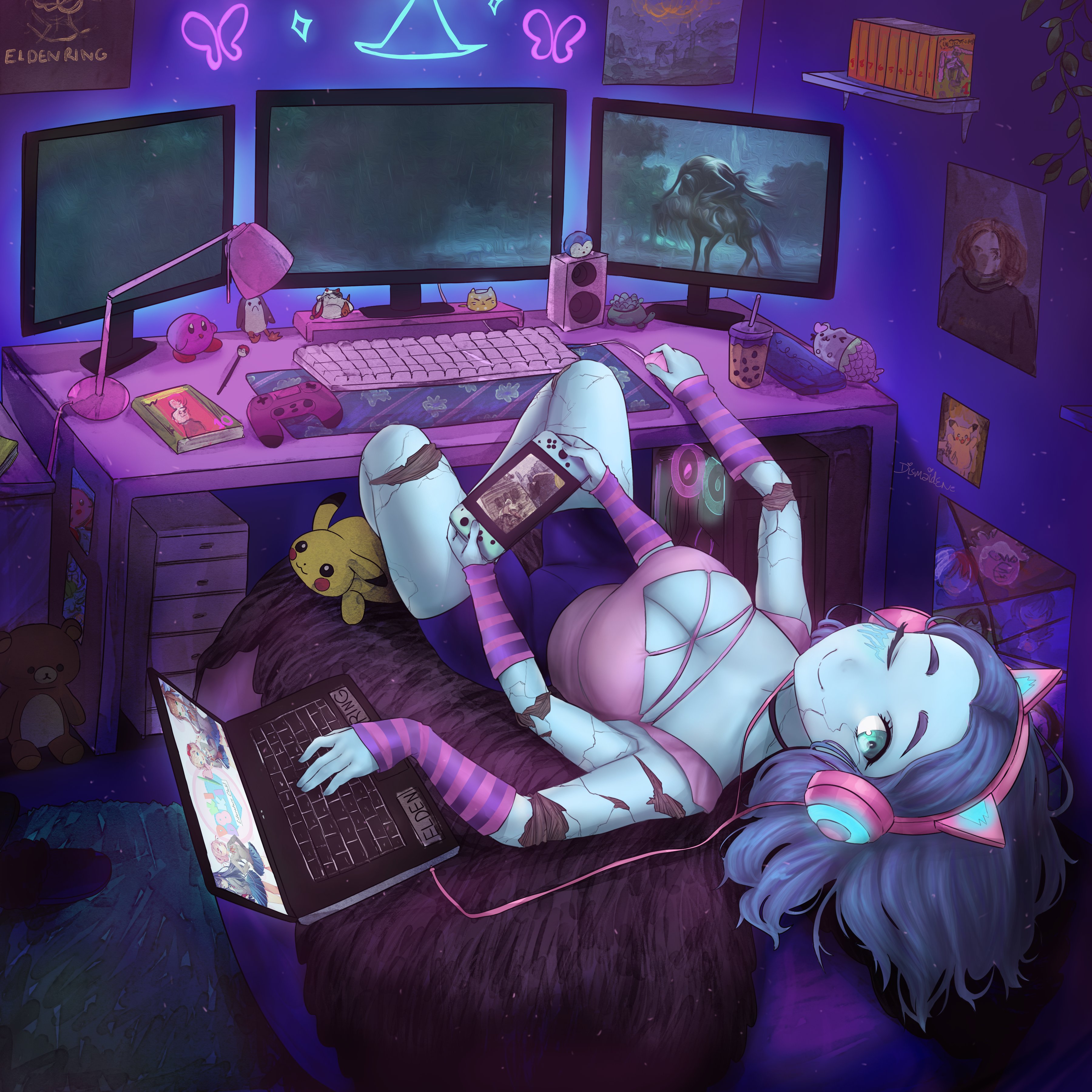 1girls, big breasts, blue body, breasts, bubble tea, cleavage, clothing, cute, dismaiden, elden ring, female, female only, fromsoftware, gamer girl, gaming, headset, kirby, kirby (series), looking back, multi arm, multi limb, nintendo, nintendo switch, pikachu, playstation, playstation controller, pokémon (species), pokemon, pokemon (species), ranni the witch