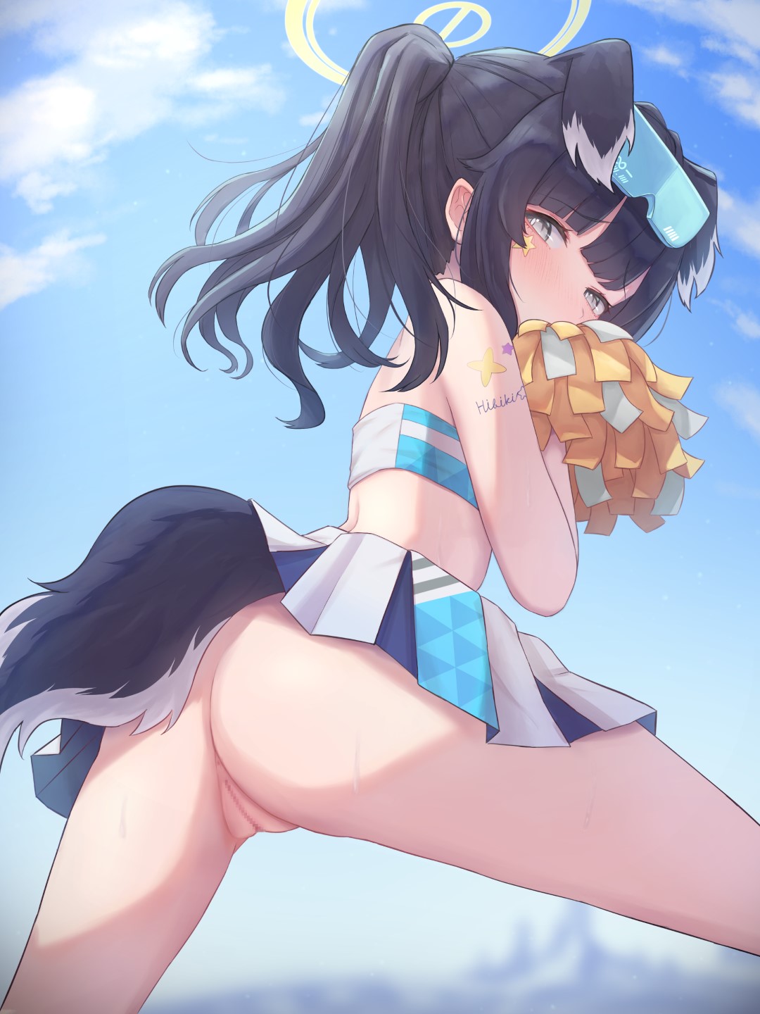 animal_ears anus ass bangs bare_arms bare_shoulders black_hair blue_archive blue_sky blush breasts cheerleader cloud covering_mouth crop_top crop_top_overhang day dog_ears dog_girl dog_tail engineering_department_(blue_archive) extra_ears eyewear_on_head female goggles goggles_on_head halo hibiki_(blue_archive) hibiki_(cheerleader)_(blue_archive) highres holding holding_pom_poms kirakugakusyu long_hair looking_at_viewer midriff millennium_science_school_student miniskirt no_panties outdoors paid_reward_available pleated_skirt pom_pom_(cheerleading) ponytail pussy skirt sky sleeveless solo spread_legs standing star_sticker sticker_on_arm sunglasses sweat tail text_print thighs white_skirt