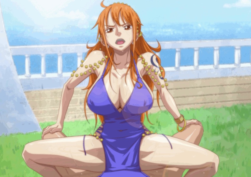 1boy, 1girls, arm tattoo, big breasts, blue tattoo, breasts, clothing, dress, female, kyabakurabakufu, male, nami (one piece), nami (one piece) (zou), one piece, one piece: zou arc, orange hair, orange-haired female, post-timeskip, purple dress, tattoo