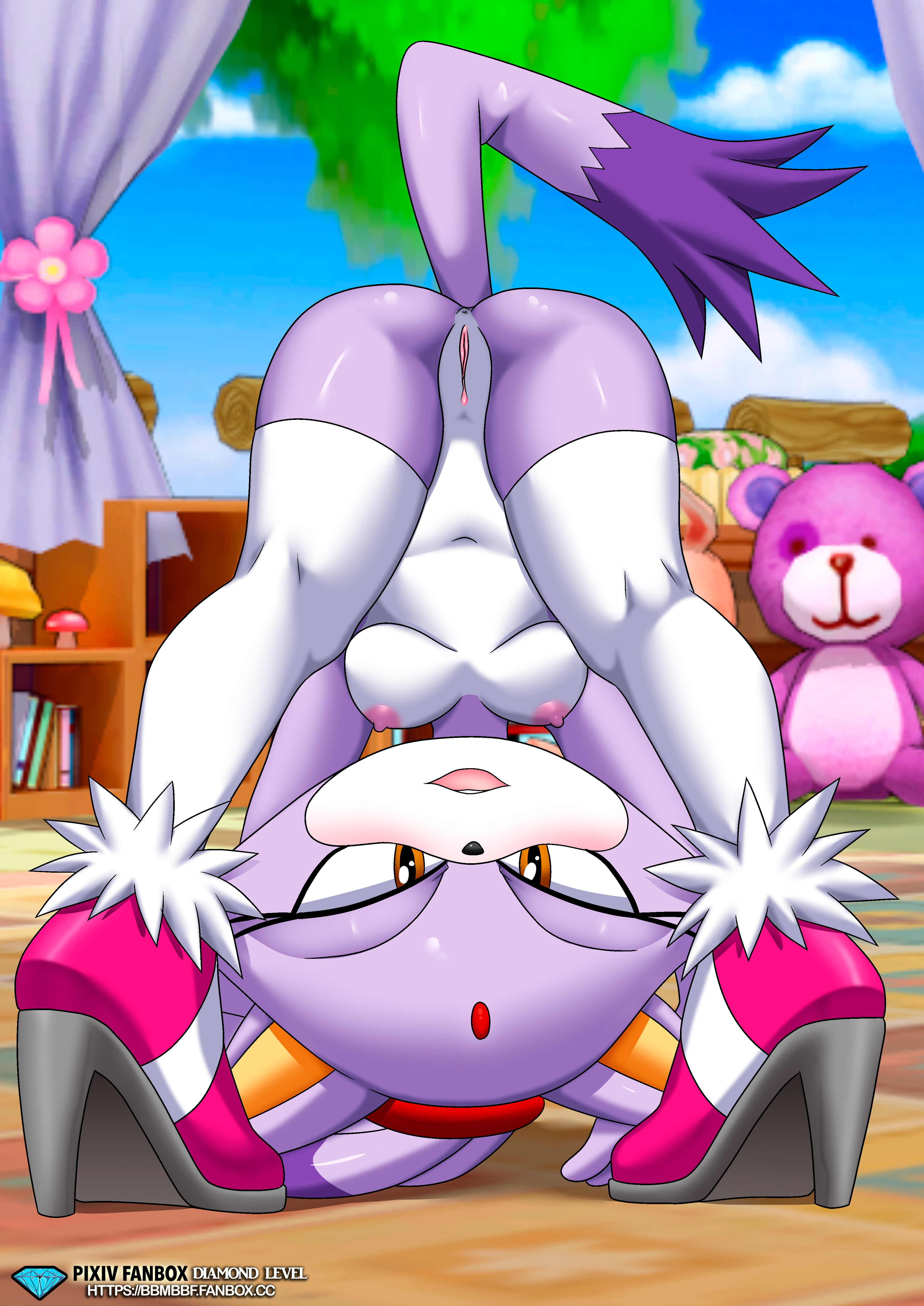 anthro, anus, areola, ass, bbmbbf, black nose, blaze the cat, blush, breasts, diamond level, dipstick tail, domestic cat, felid, feline, felis, female, footwear, furry, furry only, looking at viewer, mobius unleashed, palcomix, pietros secret club, pose, posing, princess, purple body, purple fur, pussy, royalty, sonic (series), sonic the hedgehog (series), upside-down, yellow eyes