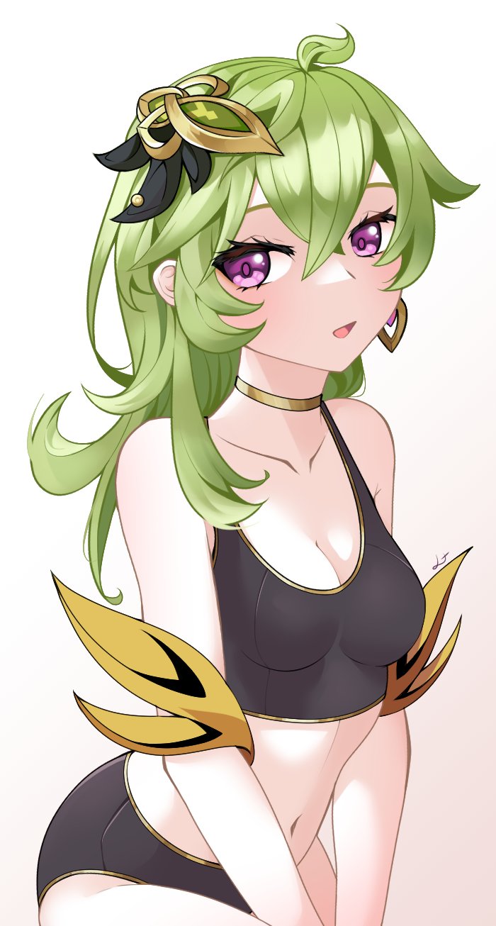 blush, choker, cleavage, collei (genshin impact), female, genshin impact, green hair, hair ornament, losttangerine, purple eyes, simple background, solo female, sportswear